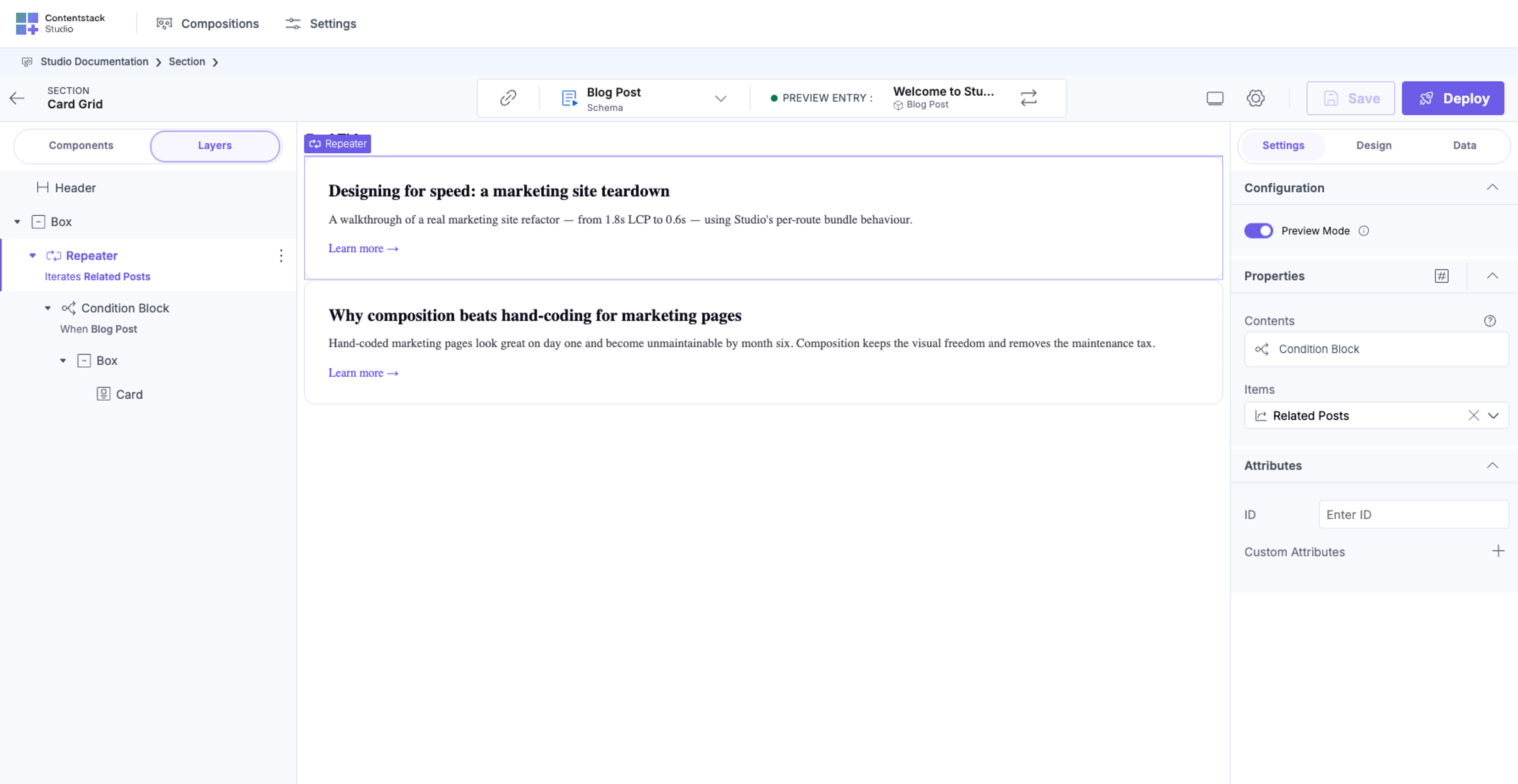 Card Grid Section canvas with the Repeater selected in the Layers tab (highlighted as "Repeater: Iterates Related Posts"). The right panel shows Configuration with the Preview Mode toggle ON, and Properties with Contents: Condition Block, Items: Related Posts. The canvas iterates two real items from the connected Blog Post entry's Related Posts.