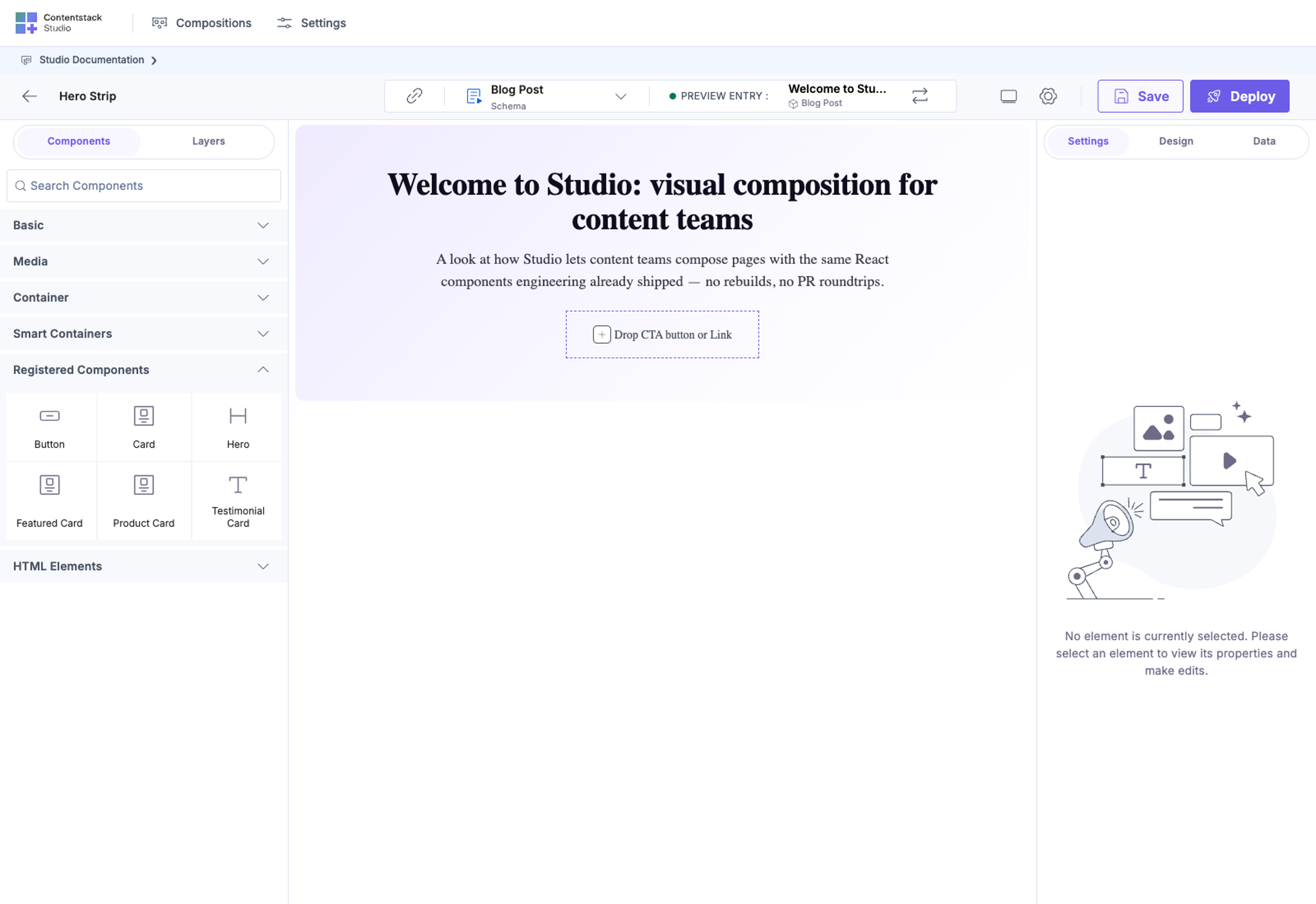 Hero Strip section authoring: canvas renders the Hero with headline + subhead from the linked entry, and a dashed "Drop a Button or Link here" placeholder inside the Hero where the Section Slot sits; left palette shows Registered Components expanded with all 6 custom components.