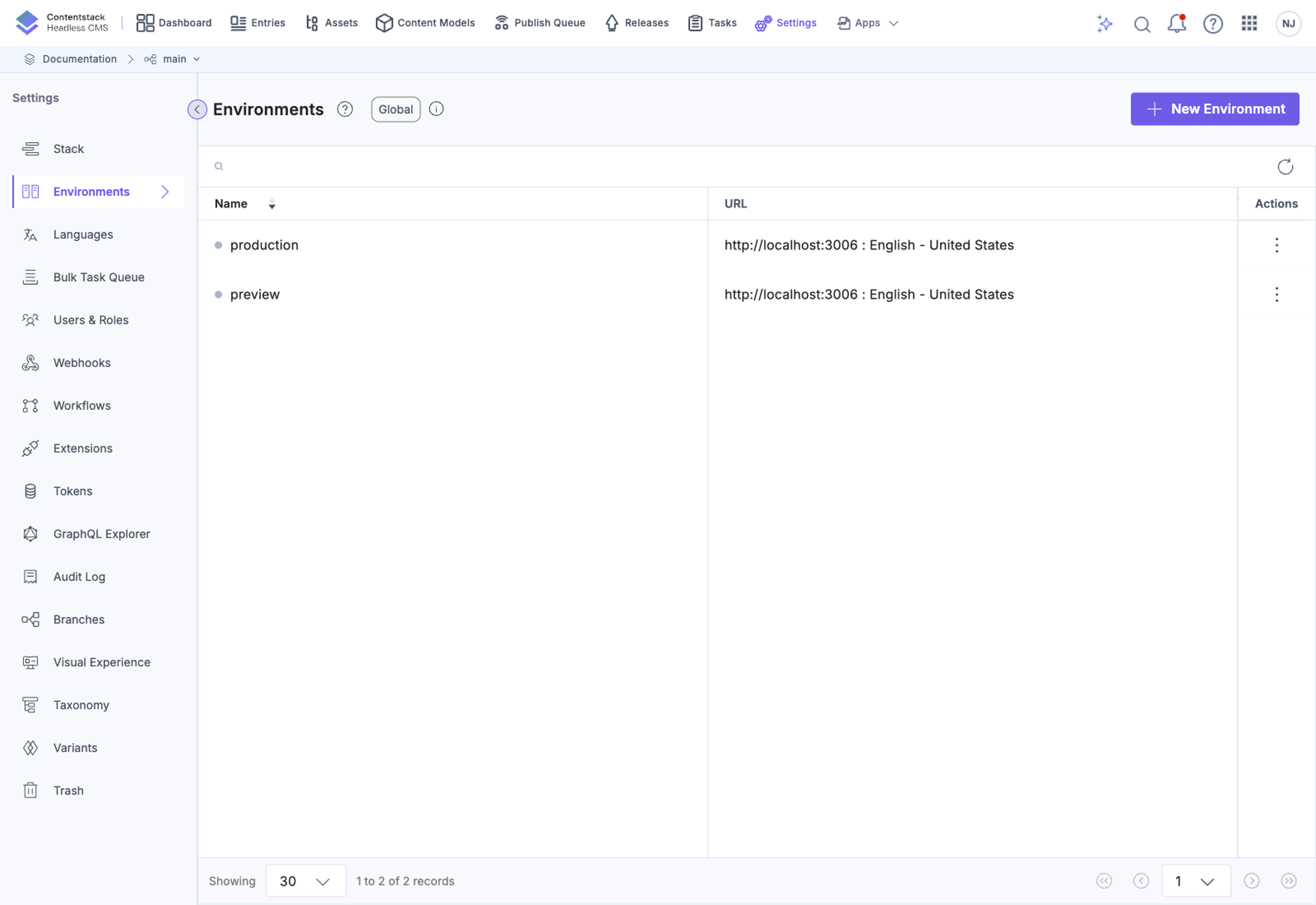 Stack settings sidebar with sections for Tokens, Environments, Languages, Visual Experience