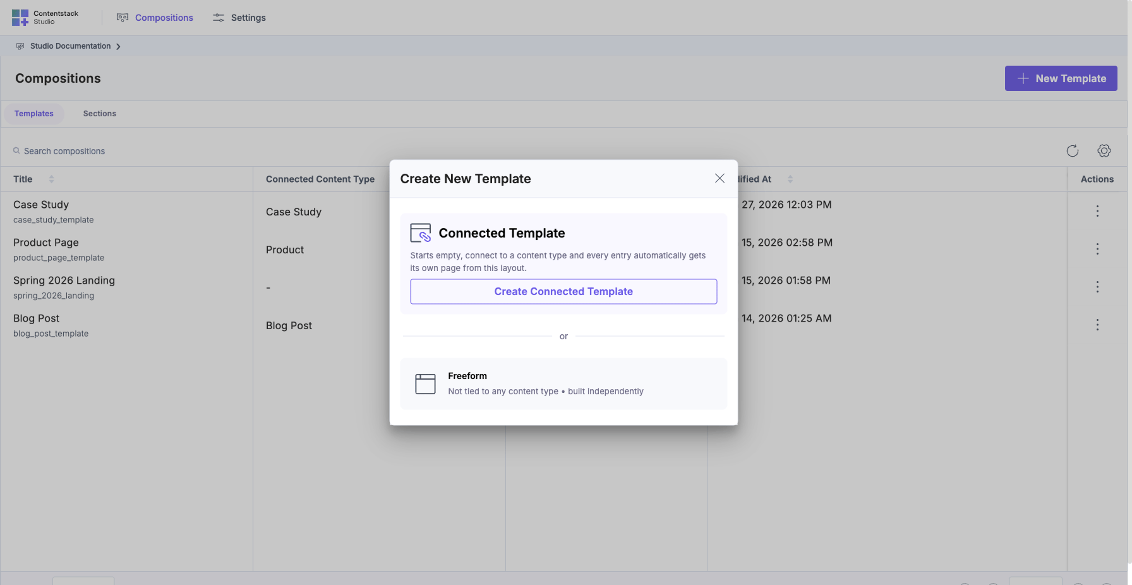 Create New Template modal with two options: Connected Template ("Starts empty, connect to a content type and every entry automatically gets its own page from this layout", with a "Create Connected Template" button) and Freeform ("Not tied to any content type, built independently").