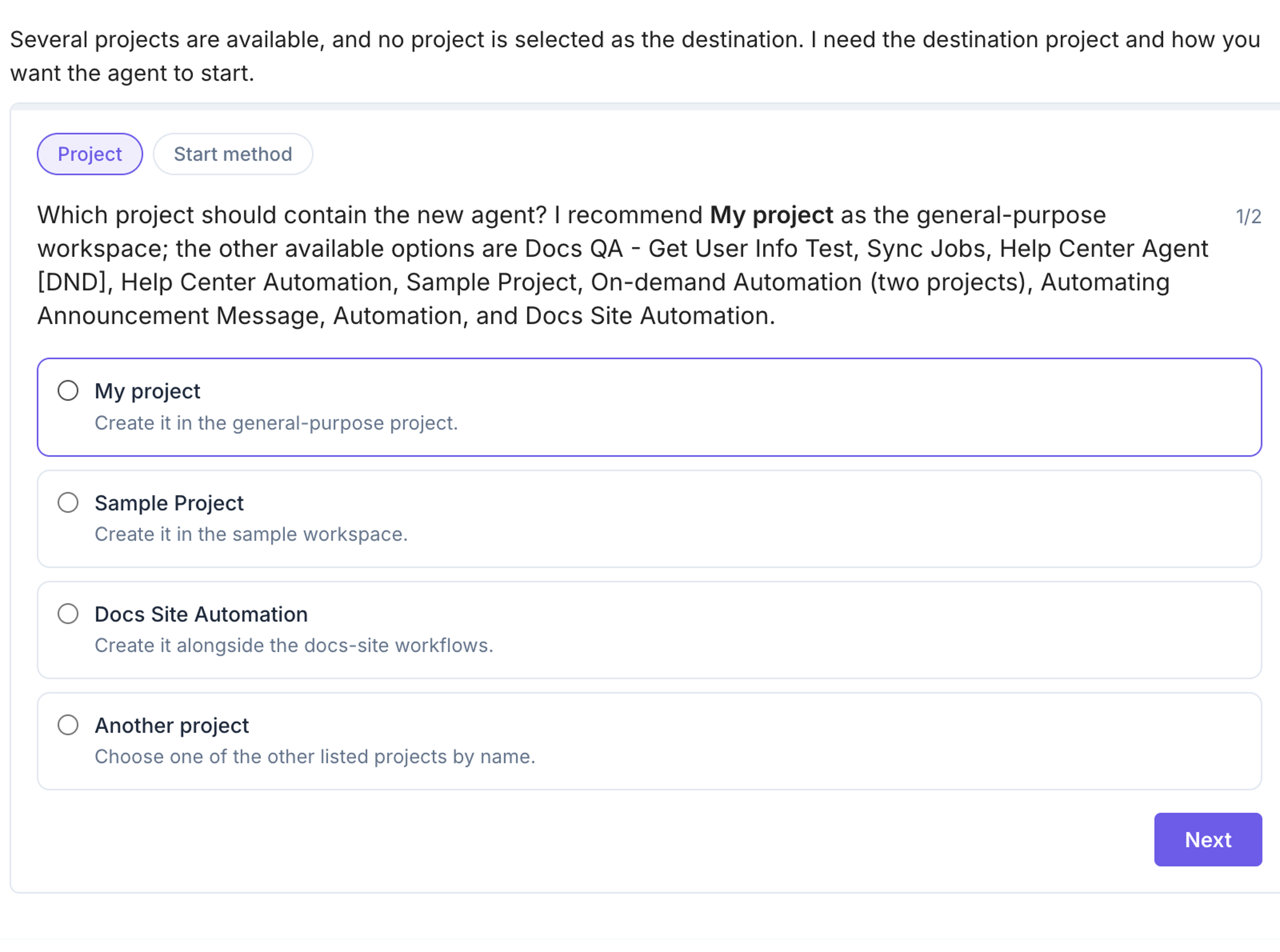 The Project step in Polaris, with the recommended project selected