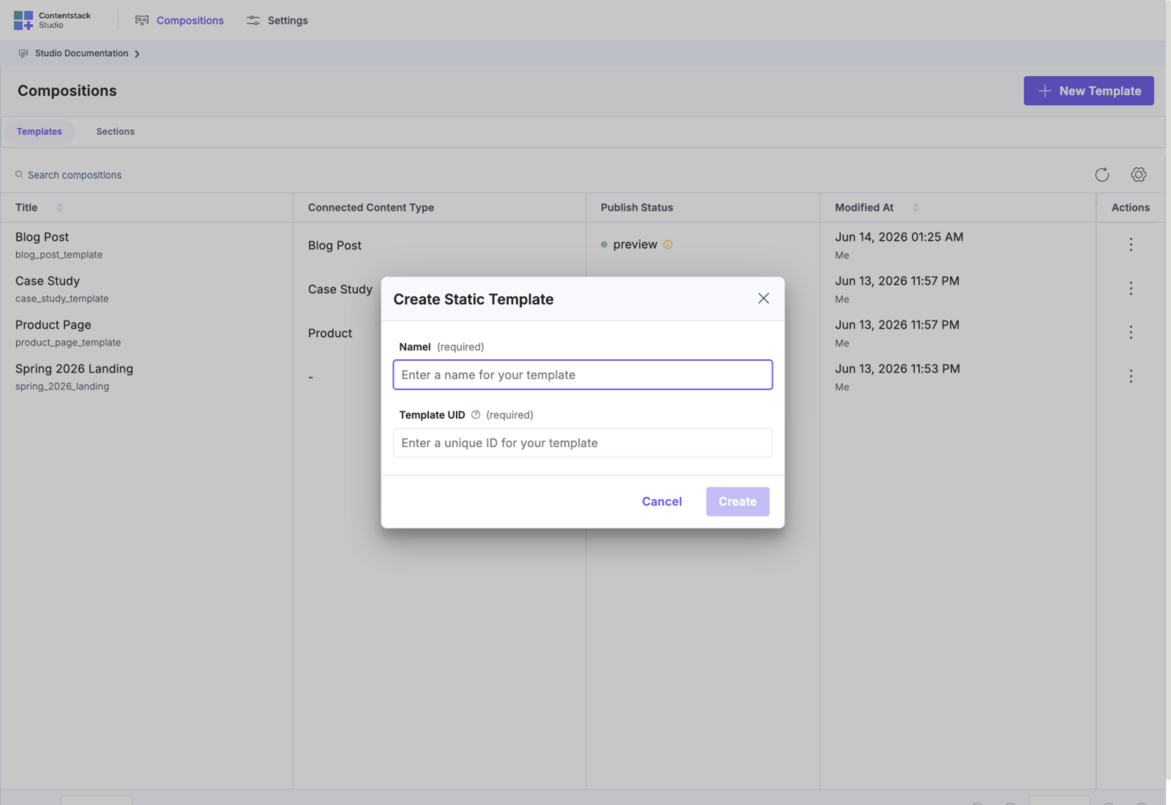 New Template modal showing the Freeform option labelled "Static Template" — the same composition is called "Freeform" on the canvas badge once created.