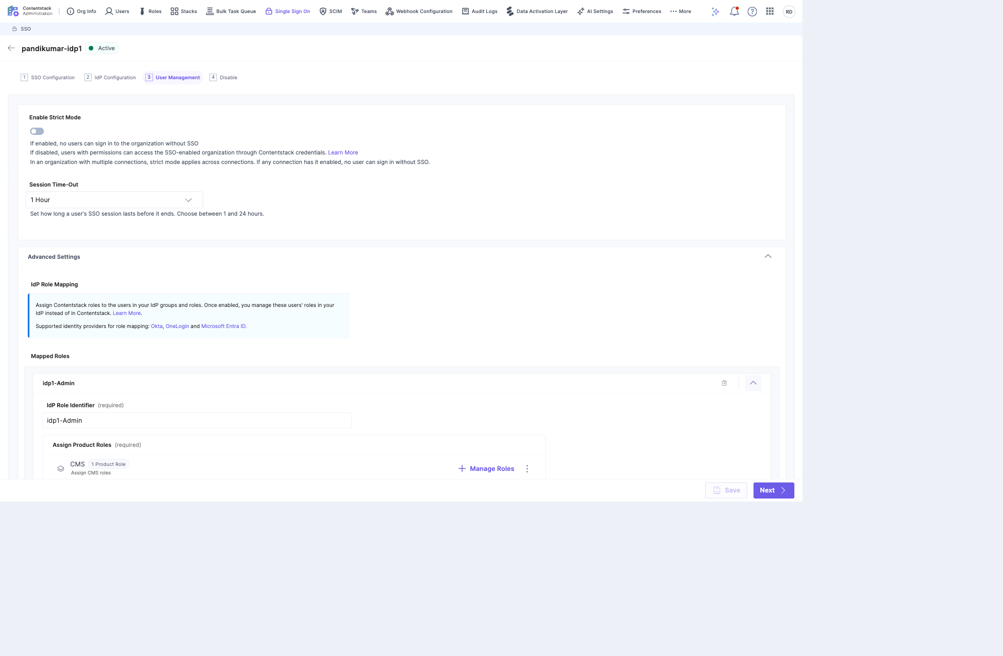 A role mapping expanded, showing the IdP Role Identifier field and Assign Product Roles with a Manage Roles action per product