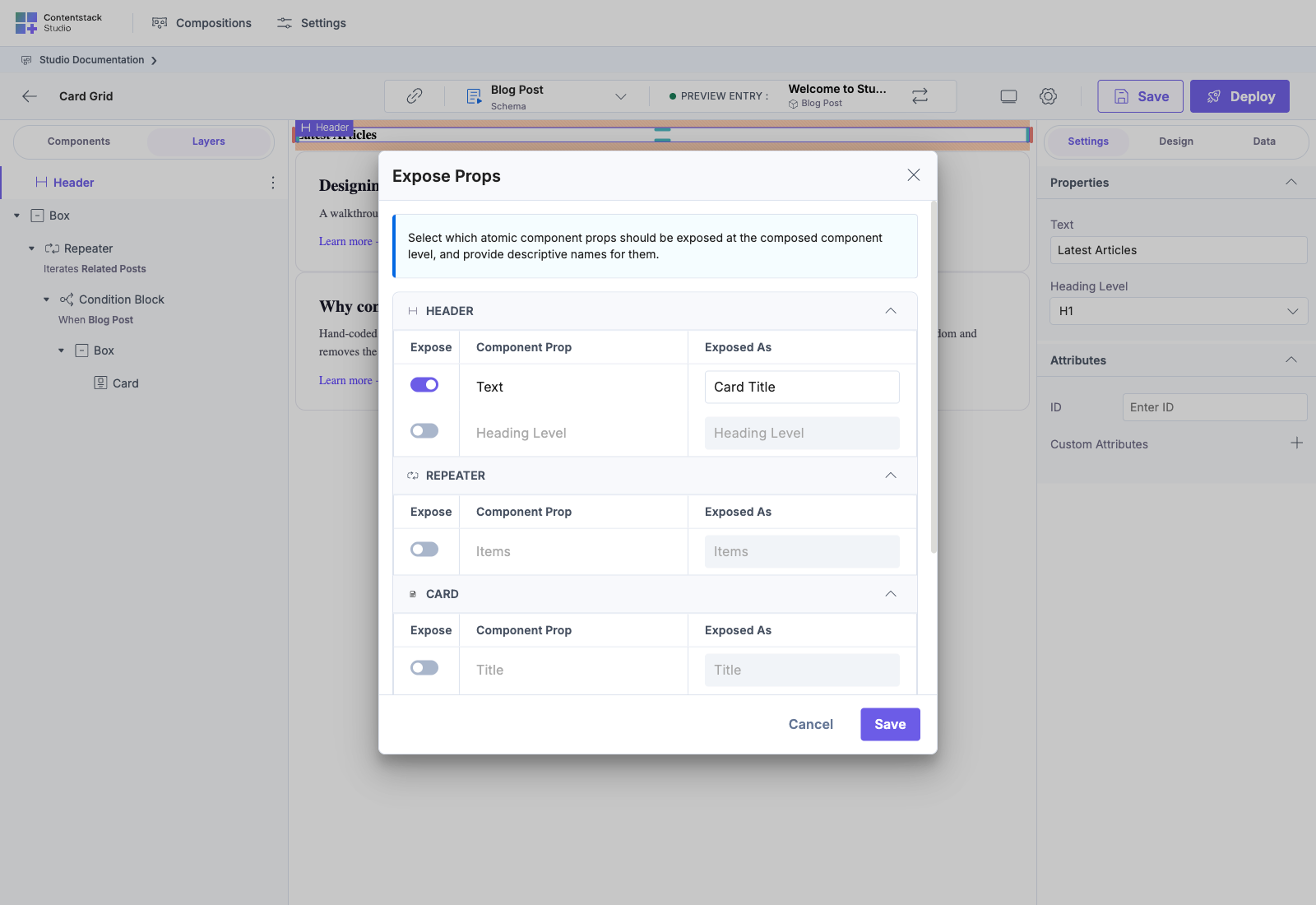 Save modal prompting to expose props after authoring a section, the entry point to the override flow