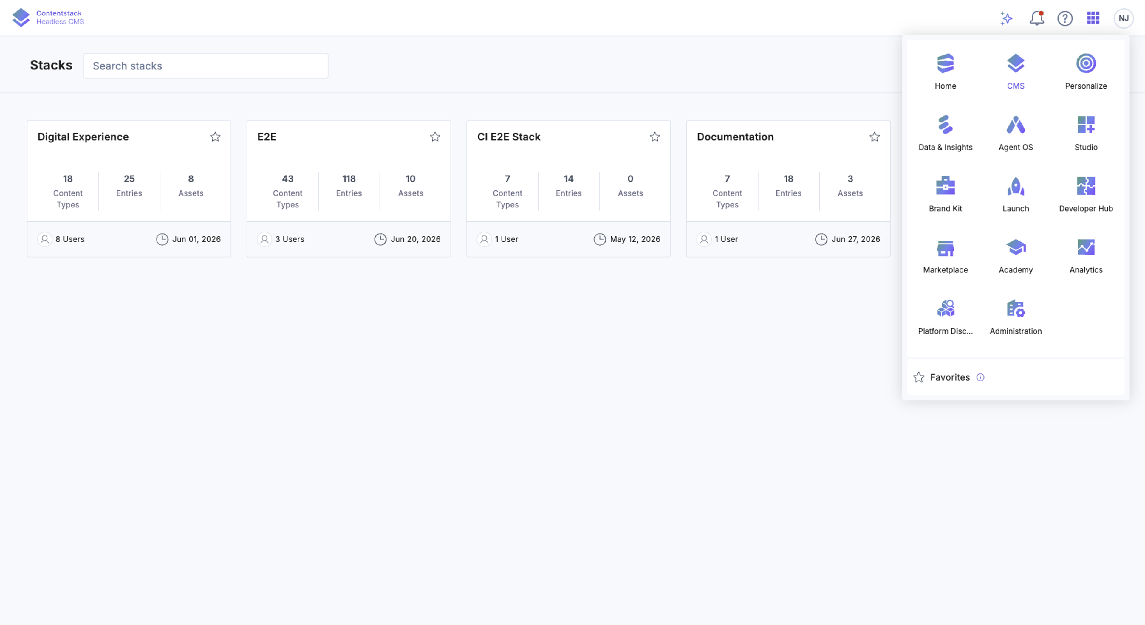 Contentstack app-switcher menu open on the Stacks page, showing Studio as one of the available product tiles alongside Home, CMS, Personalize, Data & Insights, Agent OS, Brand Kit, Launch and others. Studio's presence in this menu is the visual confirmation that it is enabled for your organisation.