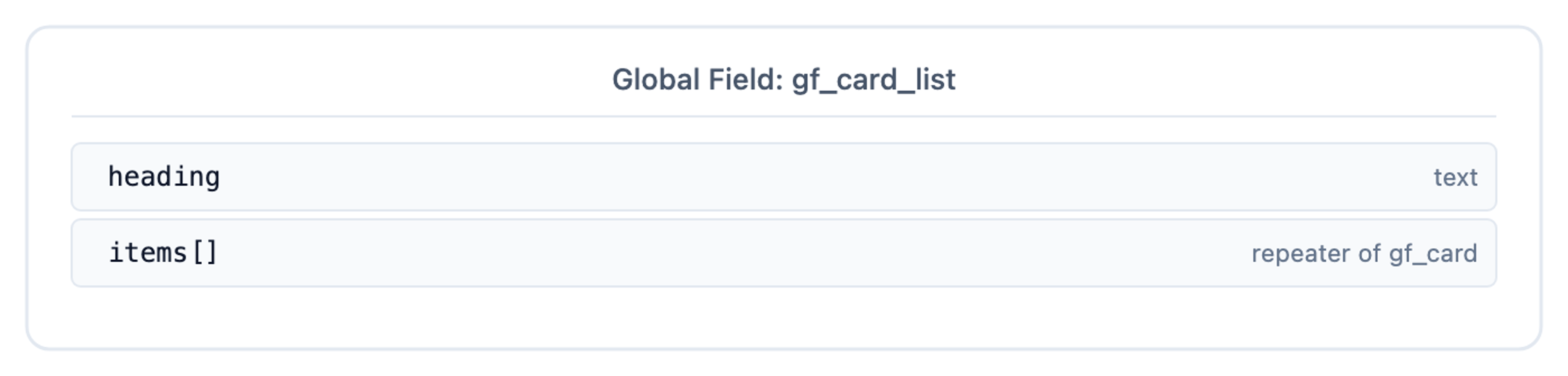 gf_card_list Global Field schema, heading text and an items repeater of gf_card.