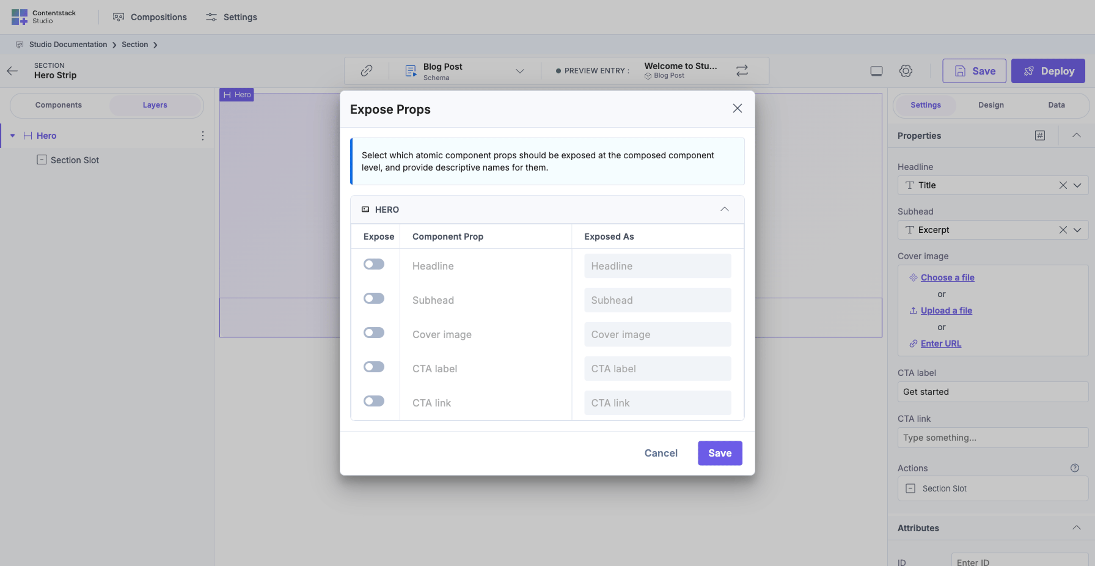 Expose Props modal open. Heading "Expose Props", explanation "Select which atomic component props should be exposed at the composed component level, and provide descriptive names for them". Below, a HERO section header, three columns (Expose toggle / Component Prop / Exposed As), and rows for Headline, Subhead, Cover image, CTA label, CTA link. Each row has a toggle to expose it and an input to rename what Template authors see.