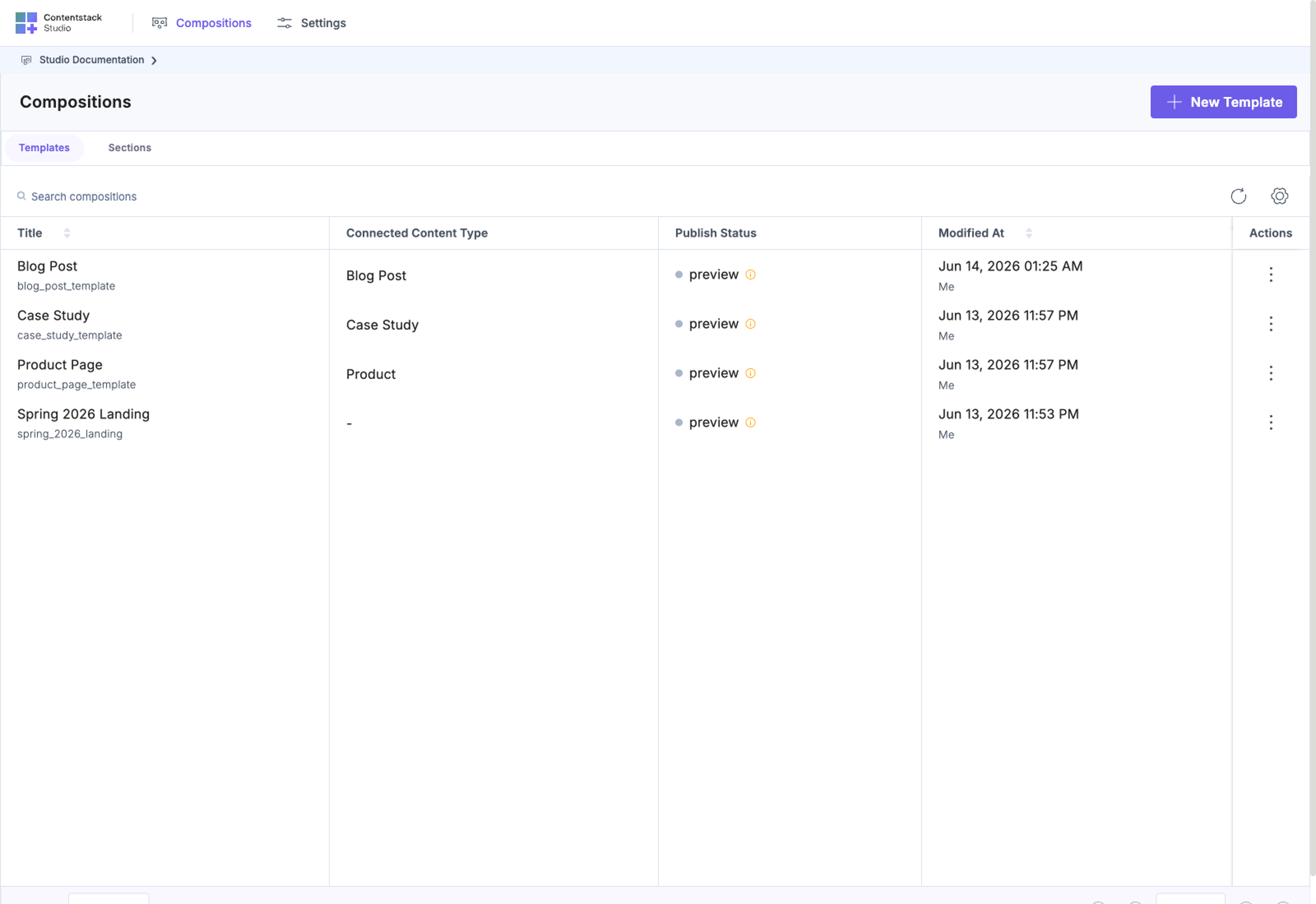 Compositions list with Templates and Sections tabs