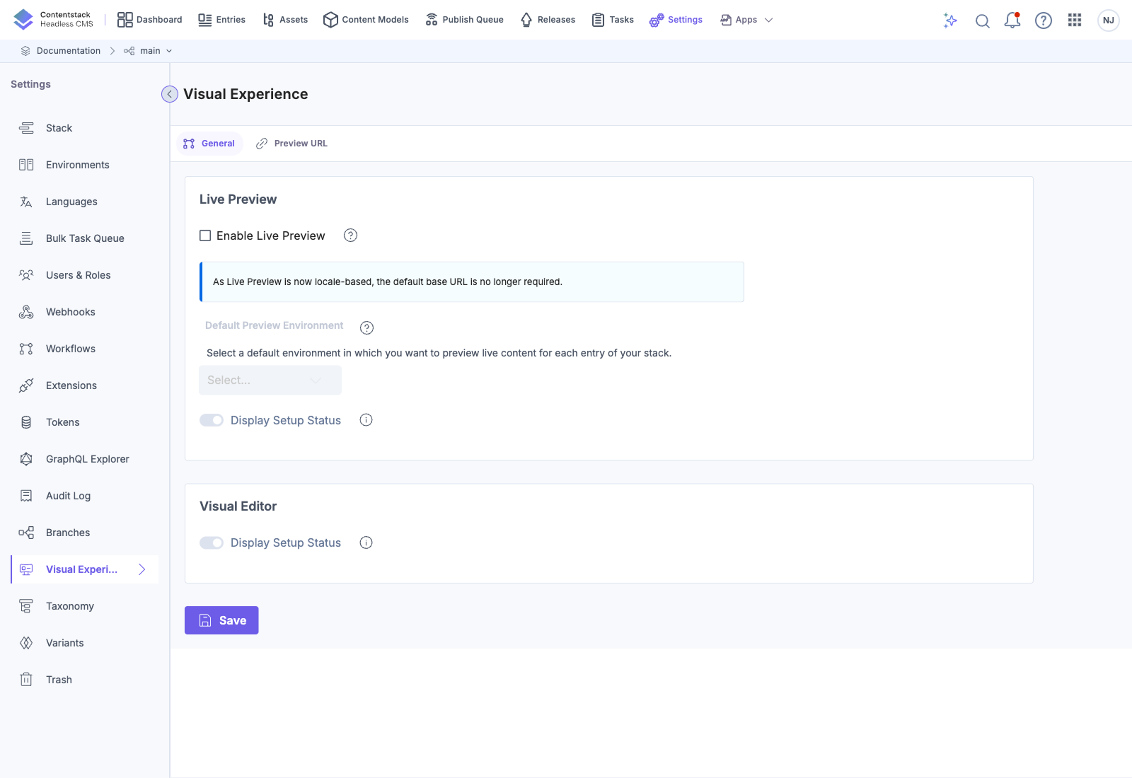 Visual Experience General settings with Live Preview and Visual Editor toggles