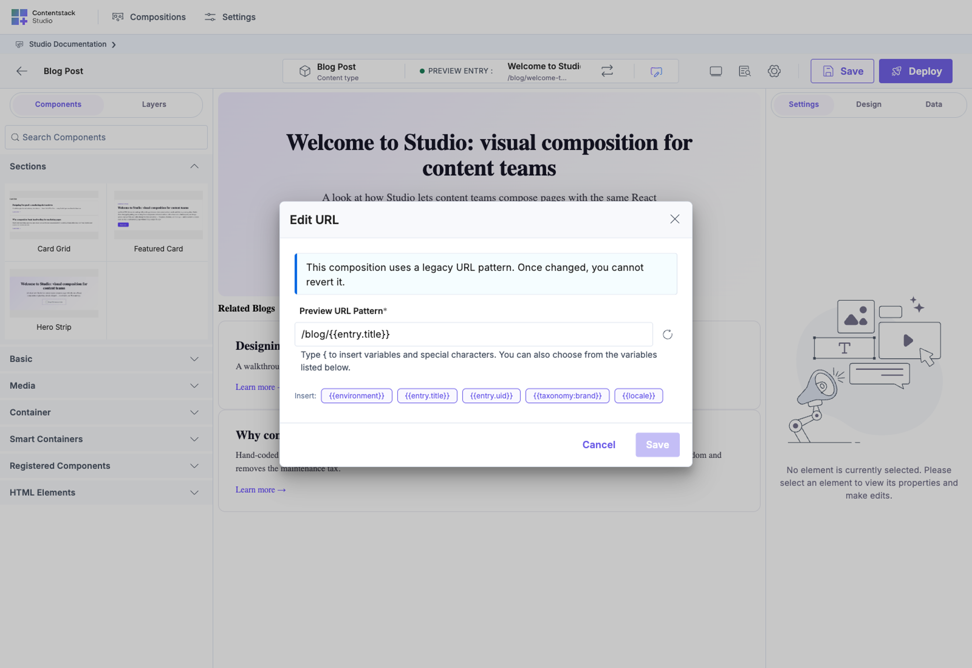 URL pattern for a connected template using entry placeholders — the route Studio derives from the content type binding