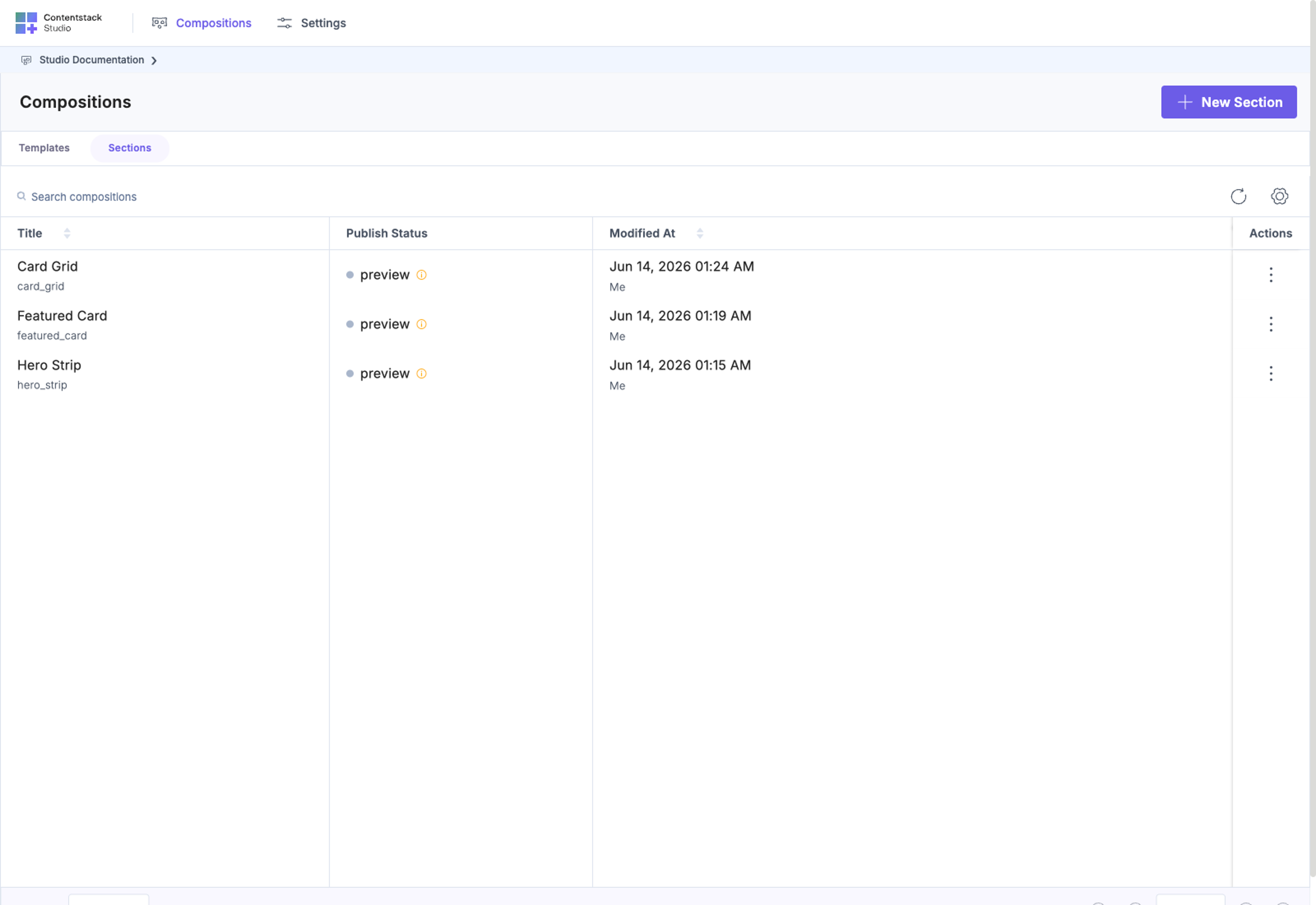 Sections list showing the single featured_card section reused across blog_post, product, and event templates