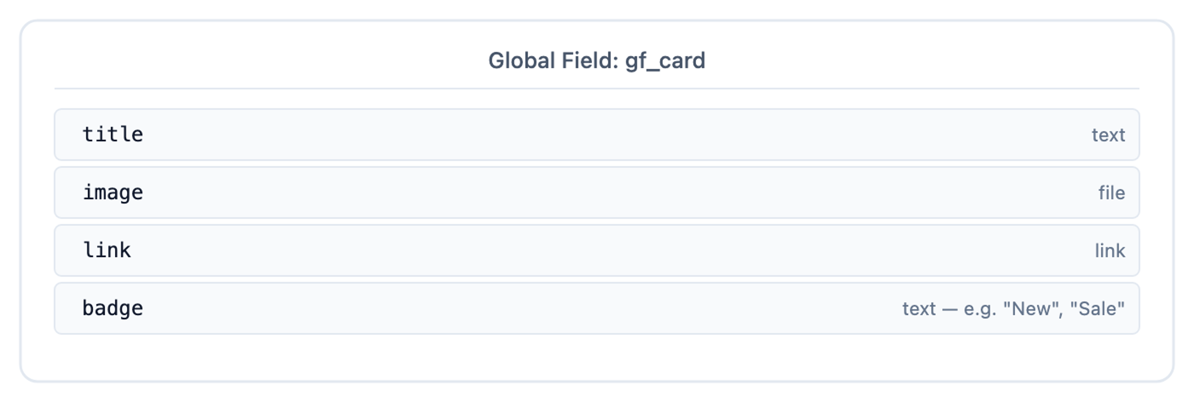 gf_card Global Field schema, title text, image file, link, and badge text.