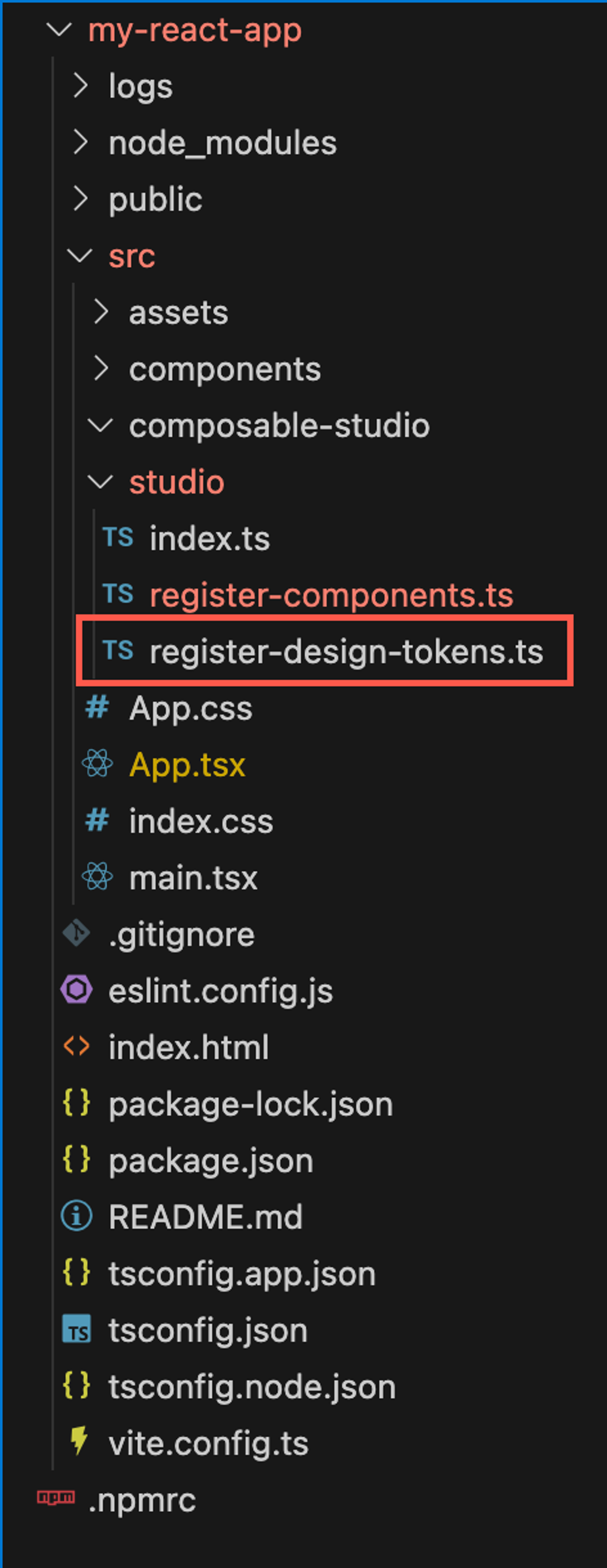 Terminal showing csdx studio:design-token:add generating the register-design-tokens.ts file — interactive prompts ask whether to include Studio's default tokens, what access level (dynamic / tokens / arbitrary) to grant authors, and the output path.