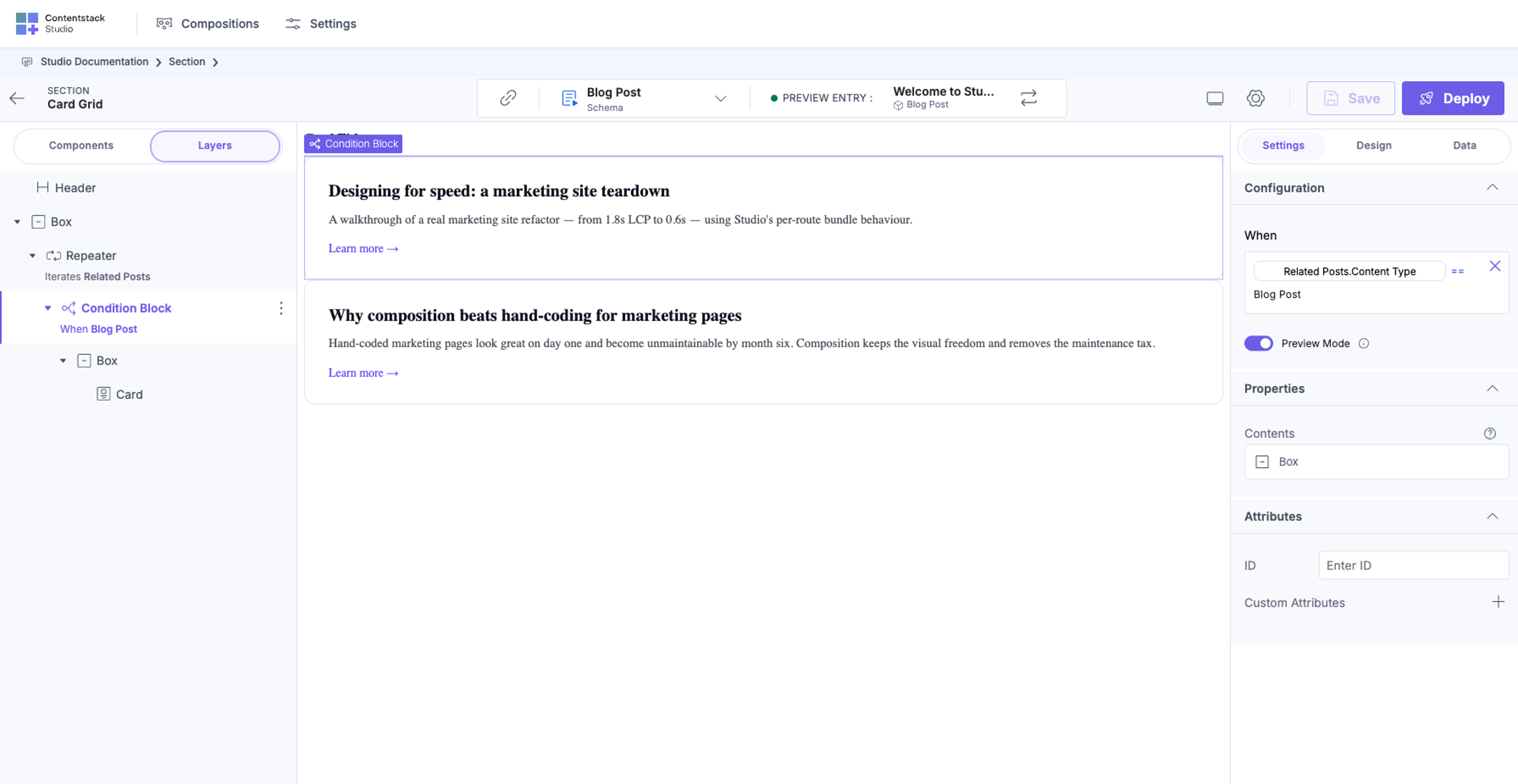Card Grid Section canvas with a Condition Block selected in Layers ("When Blog Post" is the current condition). The right panel Configuration shows the When rule: "Related Posts.Content Type == Blog Post", the discriminator matching a specific target CT for this iteration branch. Preview Mode is ON.