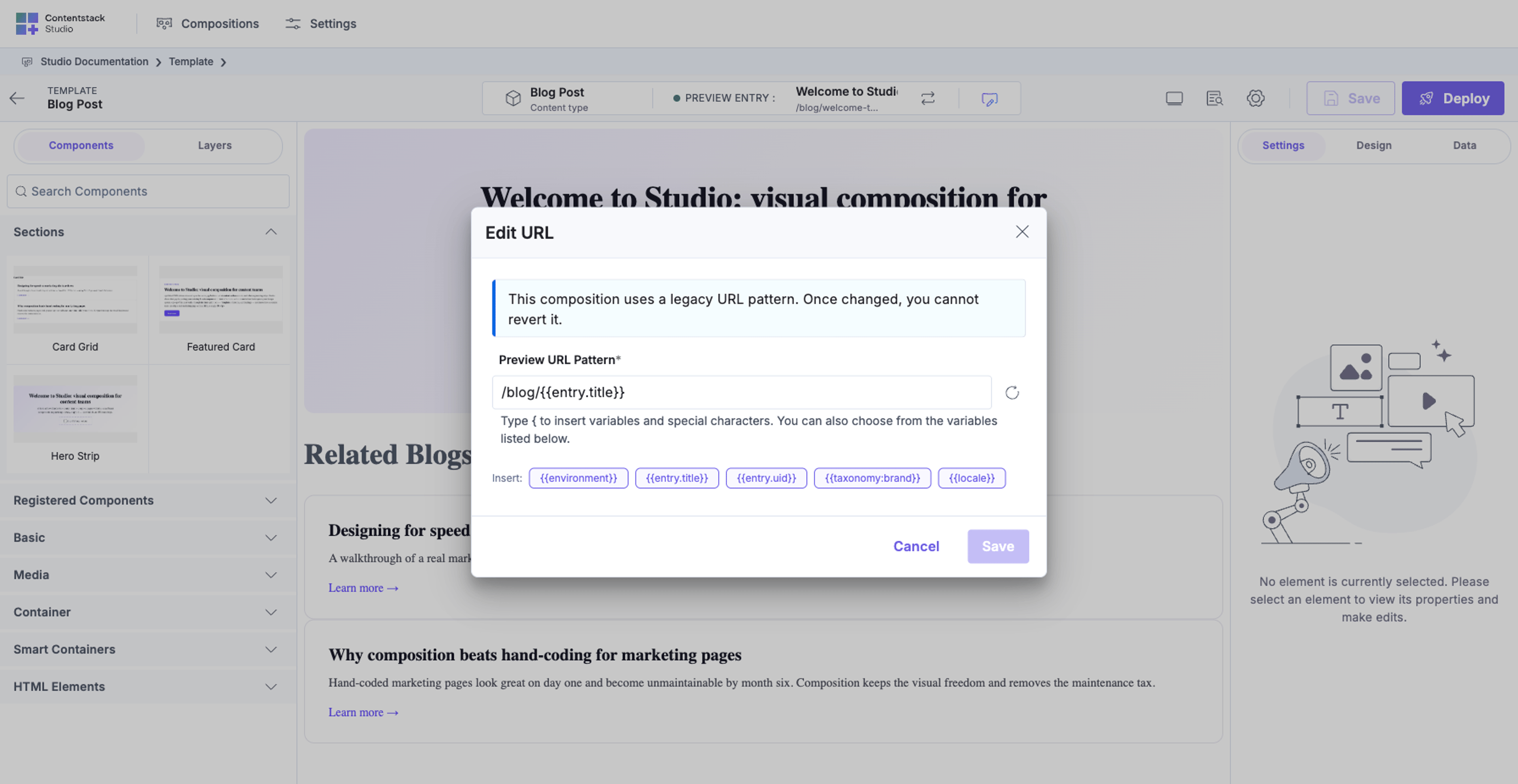 Edit URL modal: heading "Edit URL", a "Preview URL Pattern" field showing /blog/{{entry.title}}, a "Type { to insert variables and special characters" hint, and an Insert row below with pill-shaped variable buttons: {{environment}}, {{entry.title}}, {{entry.uid}}, {{taxonomy:brand}}, {{locale}}. Cancel and Save buttons at the bottom right.