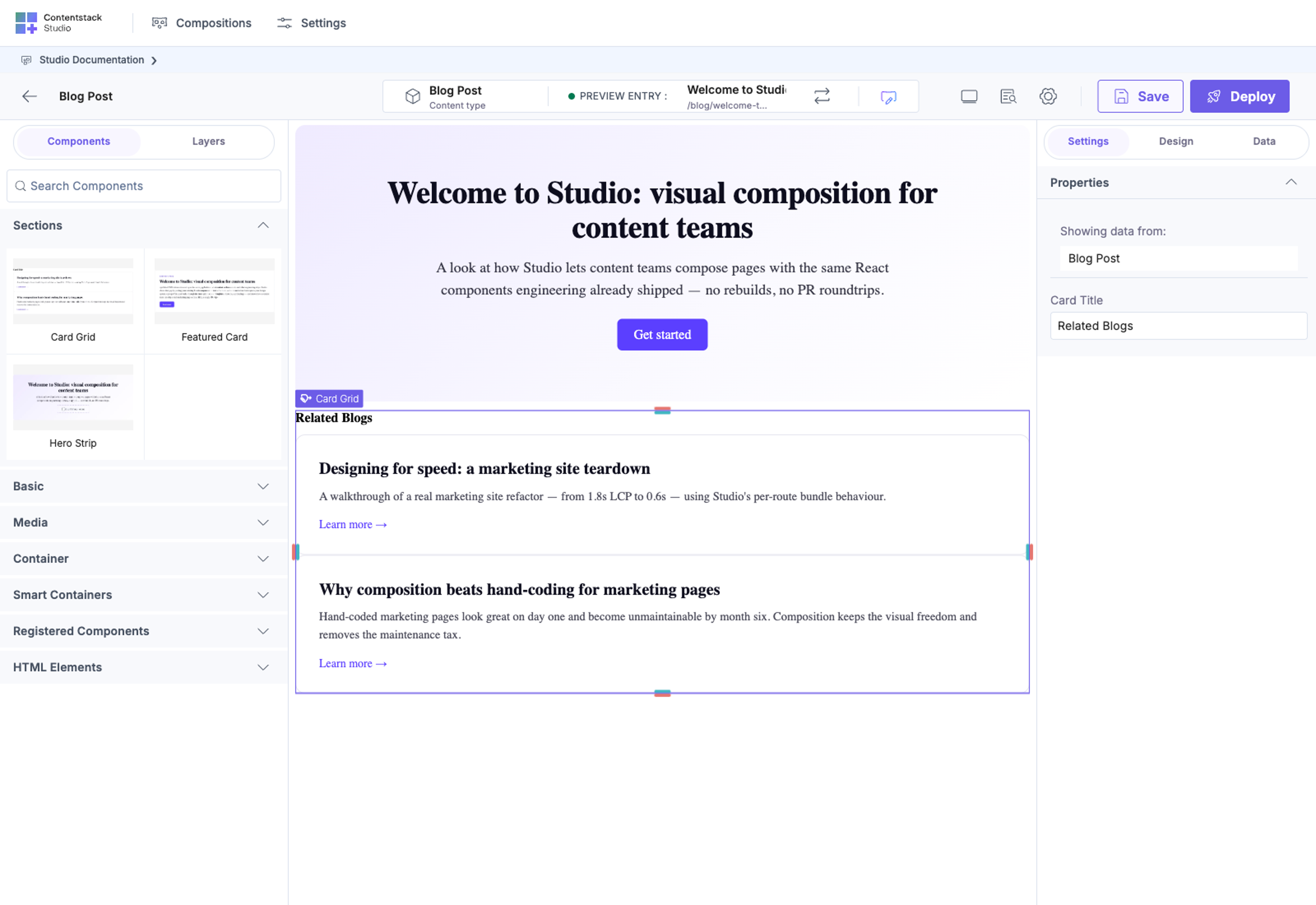 A deployed Blog Post template rendered on the visitor route — Hero with bound content, no Studio chrome