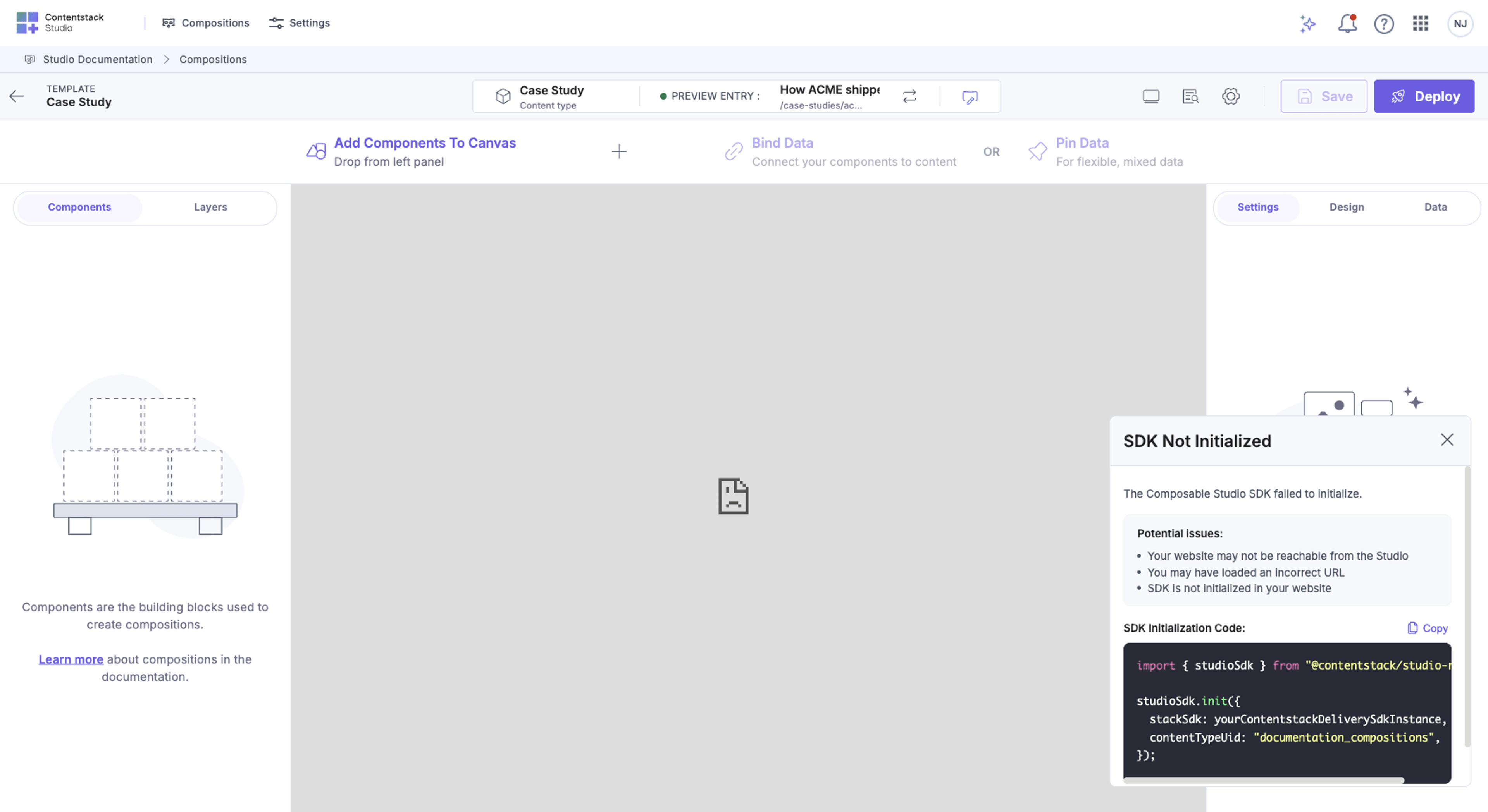 Studio canvas showing the SDK Not Initialized dialog with three potential-issue bullets and an SDK Initialization Code snippet. The iframe body behind the dialog is empty because the browser blocked the http://localhost load