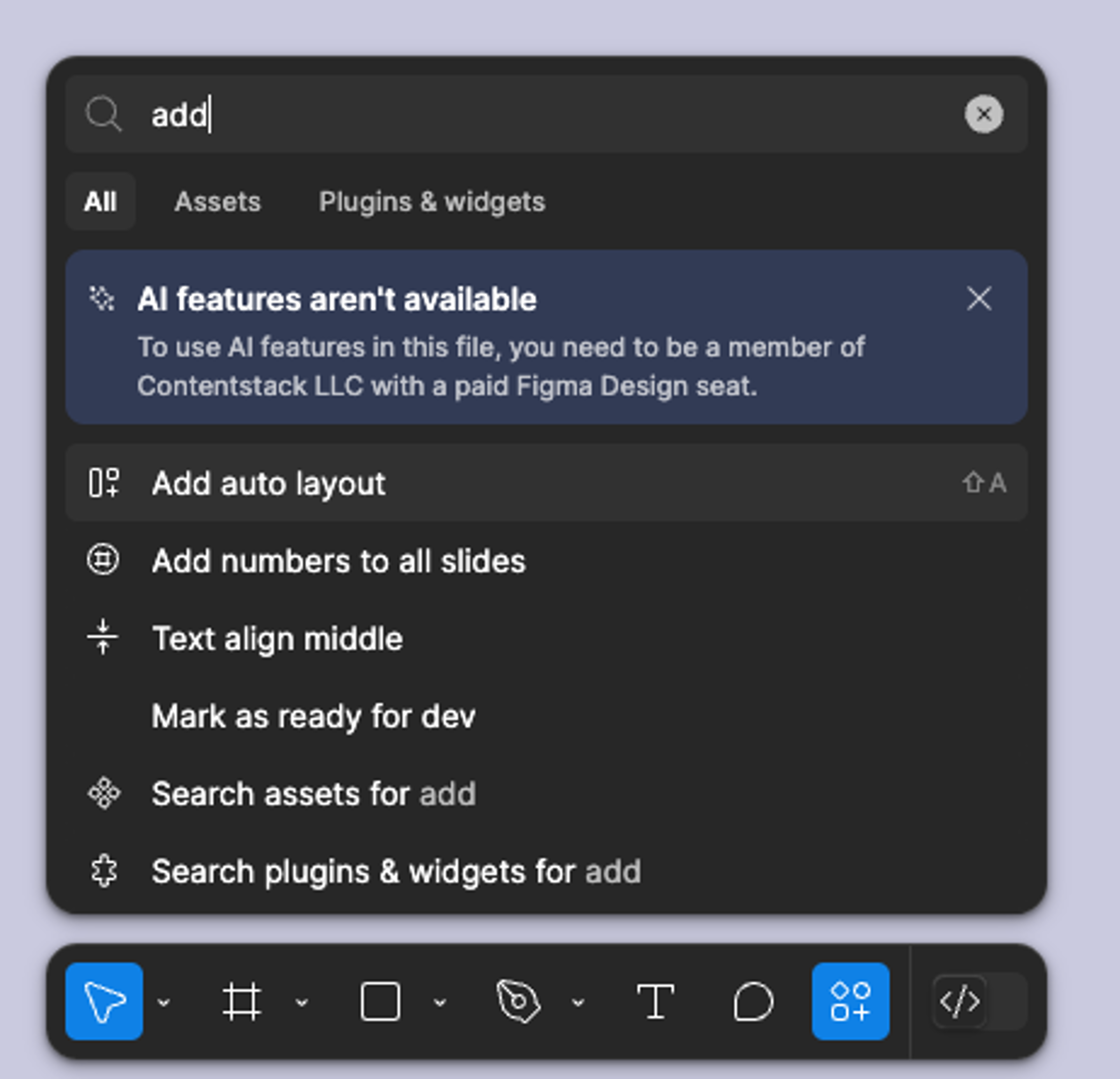Figma frame with Auto Layout applied — the right panel shows the Auto Layout properties (direction, spacing, padding) and the layers panel shows the frame icon with the Auto Layout indicator.