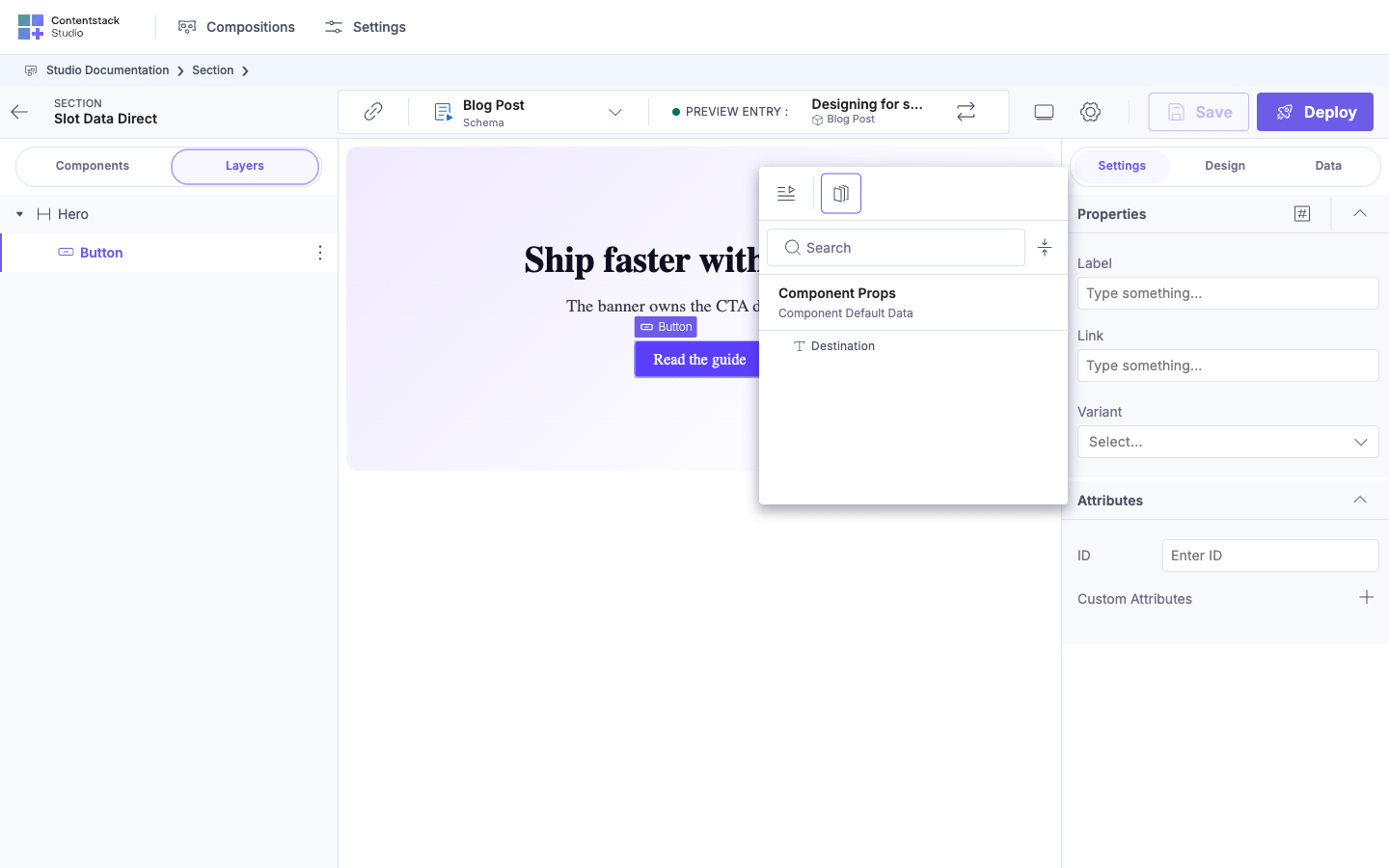 Studio canvas for a section: a Hero renders with a Button labelled "Read the guide" inside its slot, the Button is selected in the Layers tree, and the Data Picker is open on the Button's Link prop showing the Component Props node under Component Default Data with a single field, Destination.