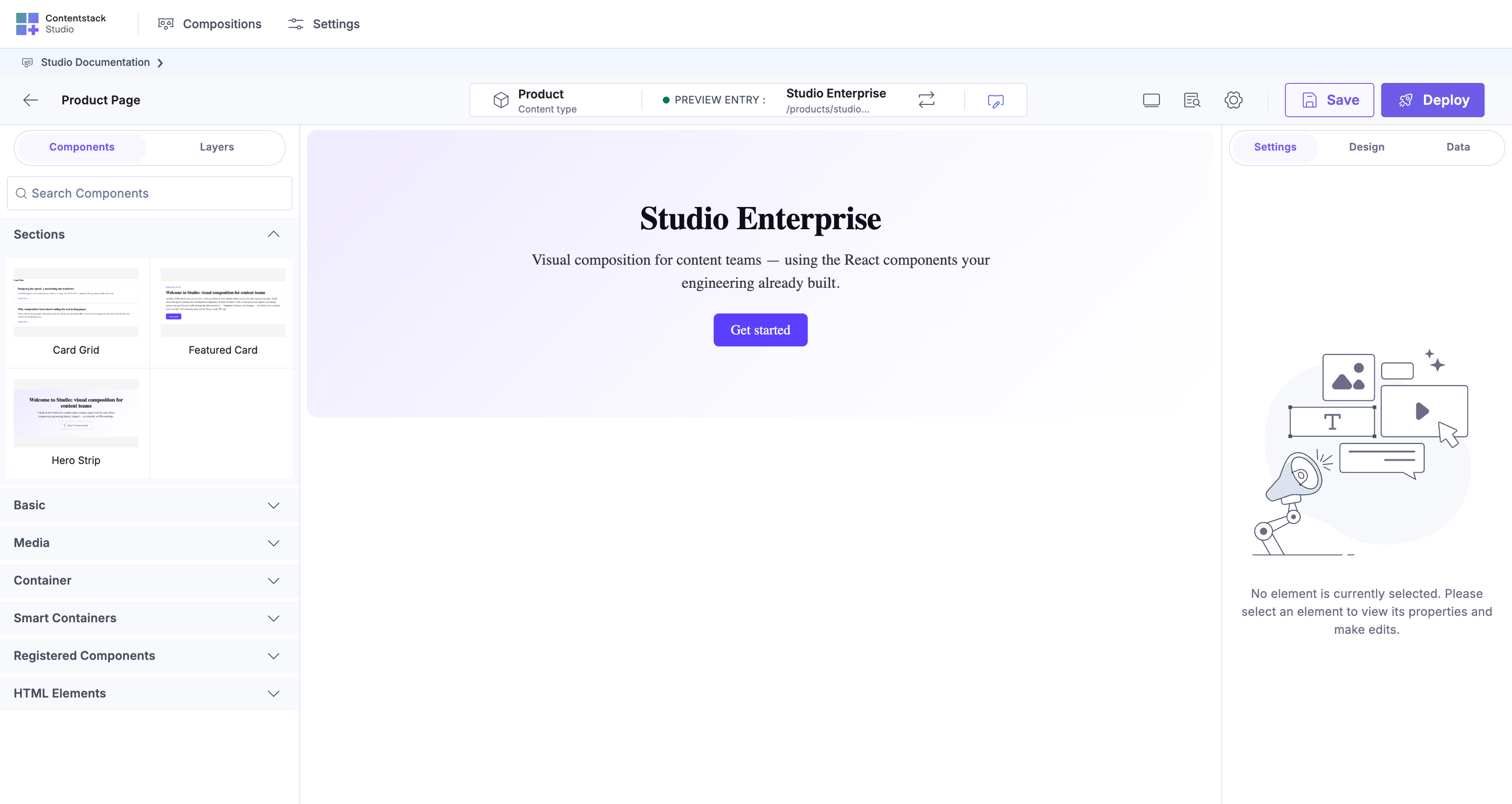 Product Page template canvas — preview entry "Studio Enterprise", URL pattern /products/studio..., Hero Strip section auto-bound to entry.title + entry.description with a "Get started" Button in the CTA slot.