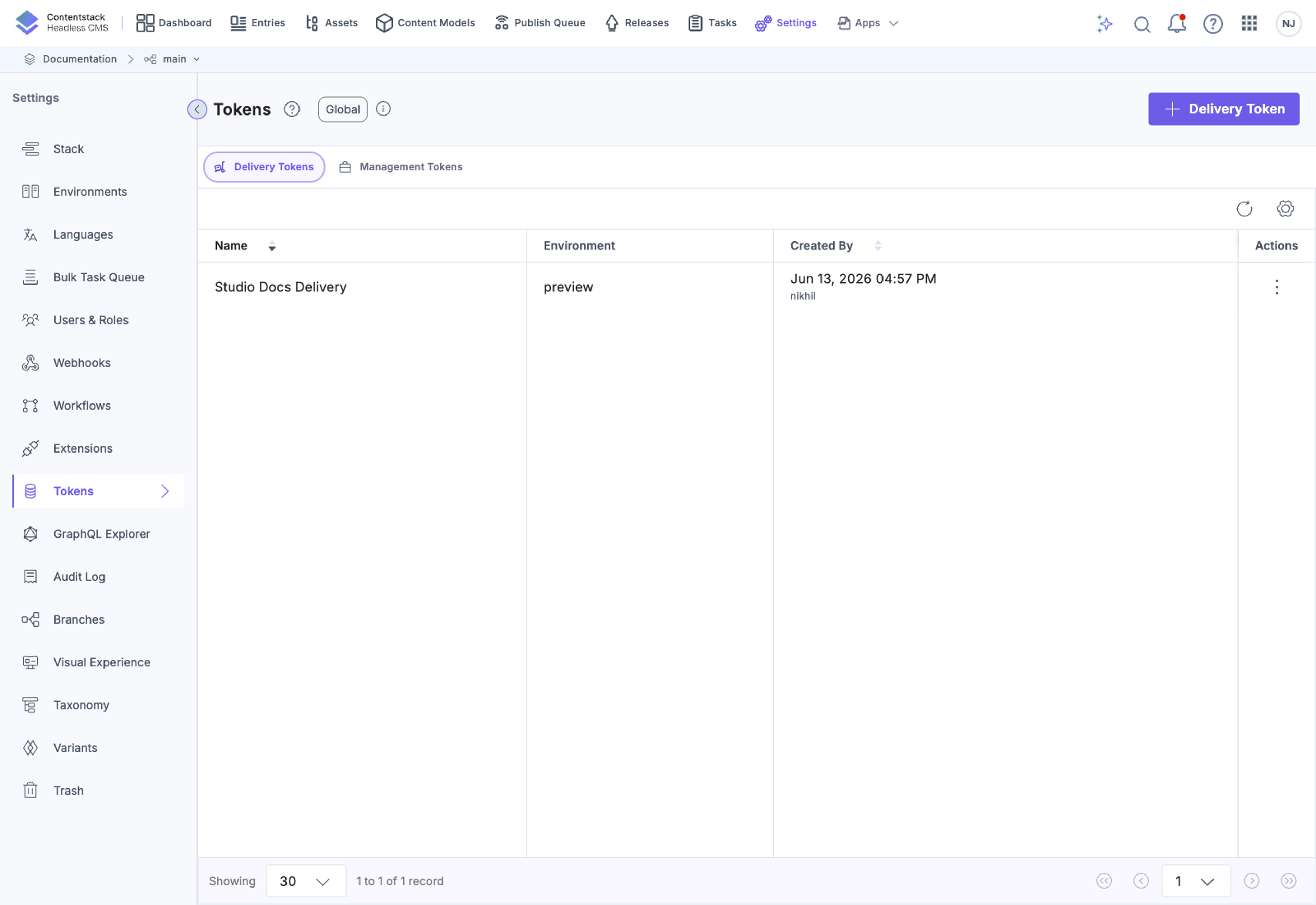 Tokens list with delivery tokens, each paired with a preview token