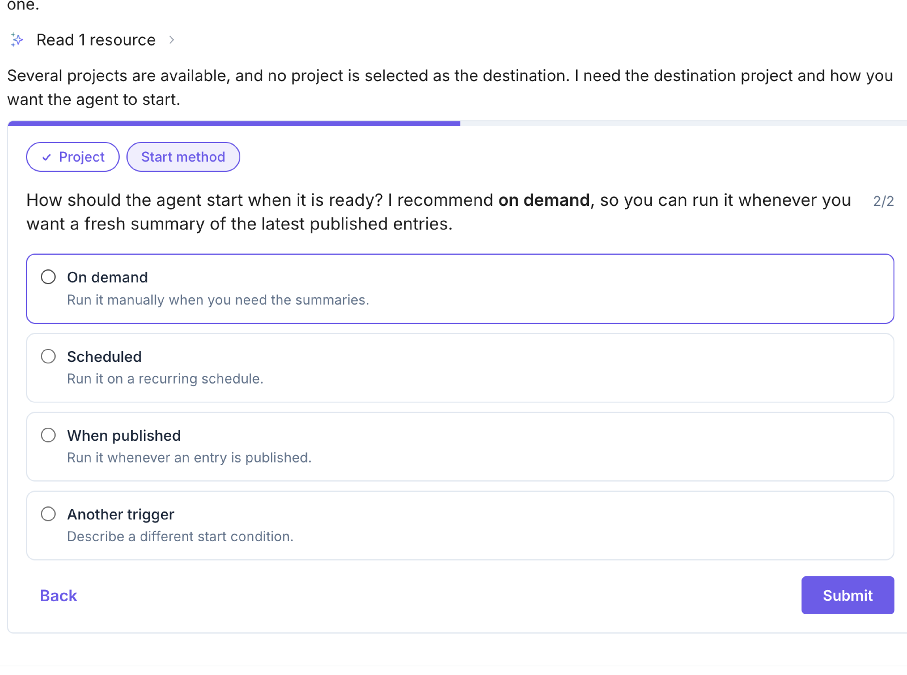 The Start method step in Polaris, with On demand selected