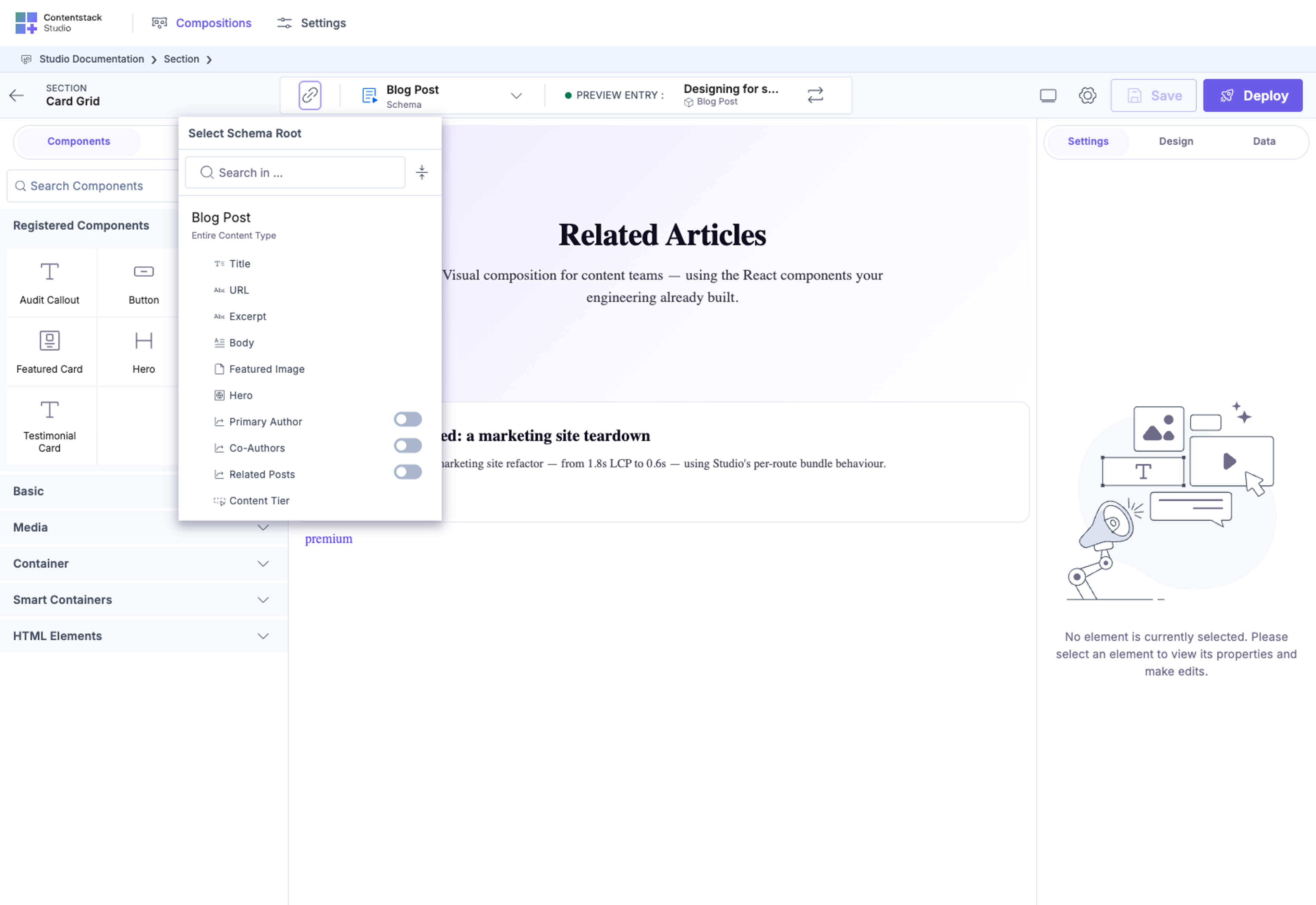 Select Schema Root picker open over the Blog Post field tree. A heading above the search bar names the choice, with Entire Content Type at the top of the tree and the content type's fields listed below