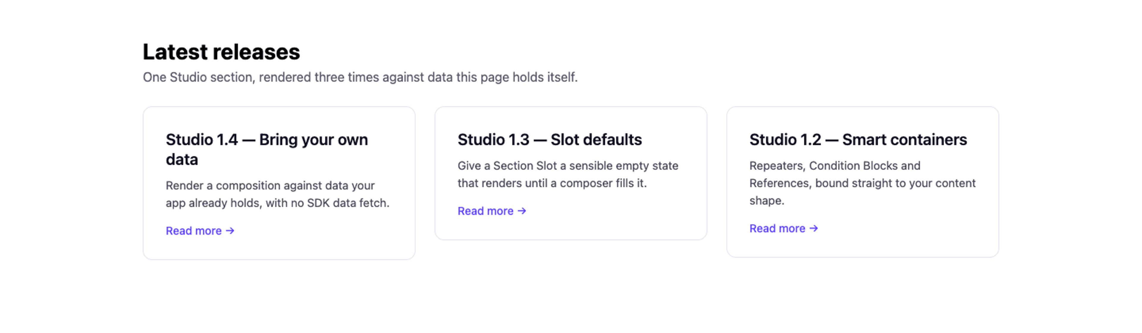 Browser page titled "Latest releases" with three cards side by side: Studio 1.4 Bring your own data, Studio 1.3 Slot defaults, Studio 1.2 Smart containers. Each card is the same Featured Card section composition rendered against a different element of an array the page holds itself, with its title, body and "Read more" link resolving from that element.