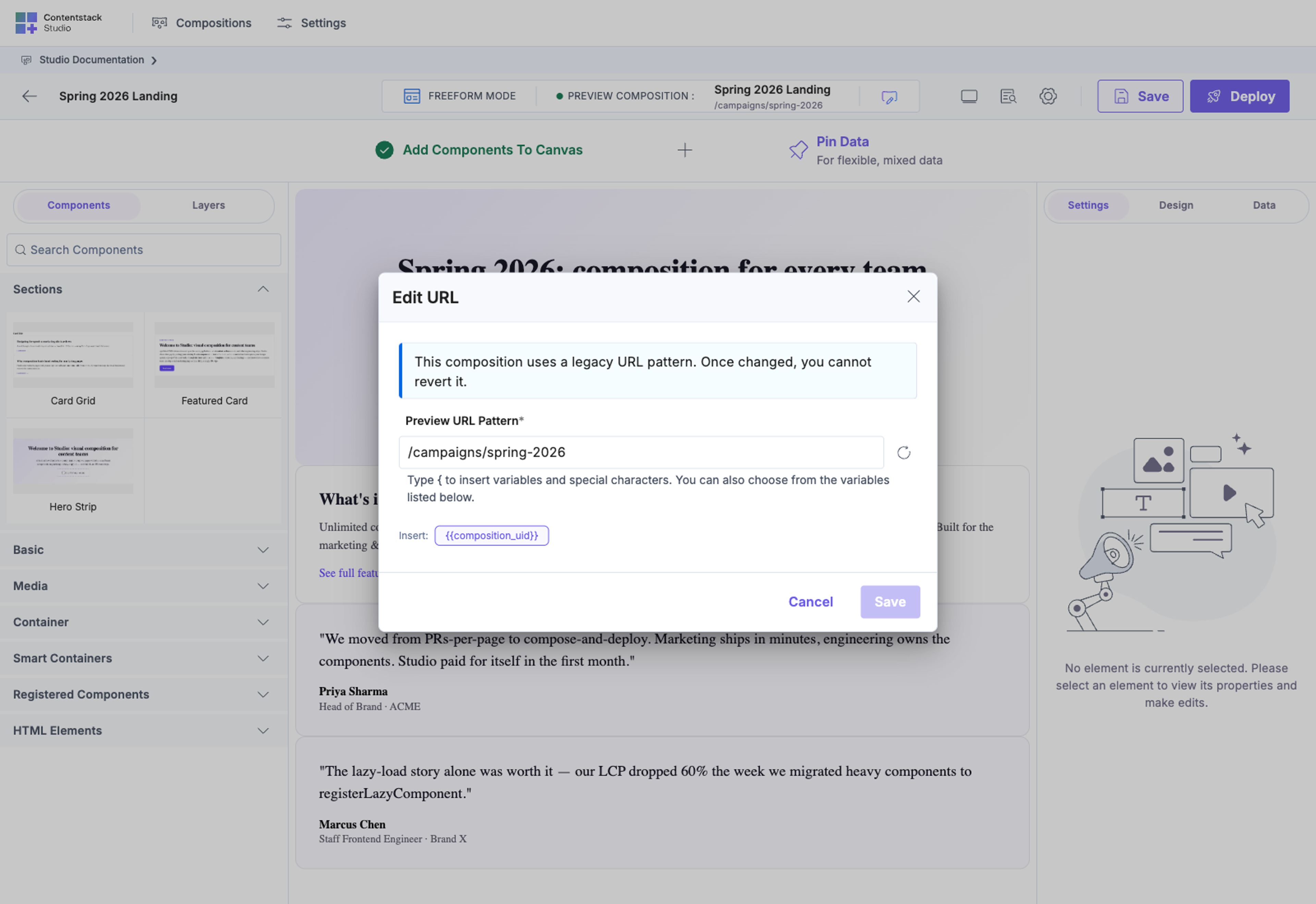 Edit URL modal for a Freeform Landing template — only the {{composition_uid}} chip is offered; no entry-related variables are available because Freeform has no connected entry