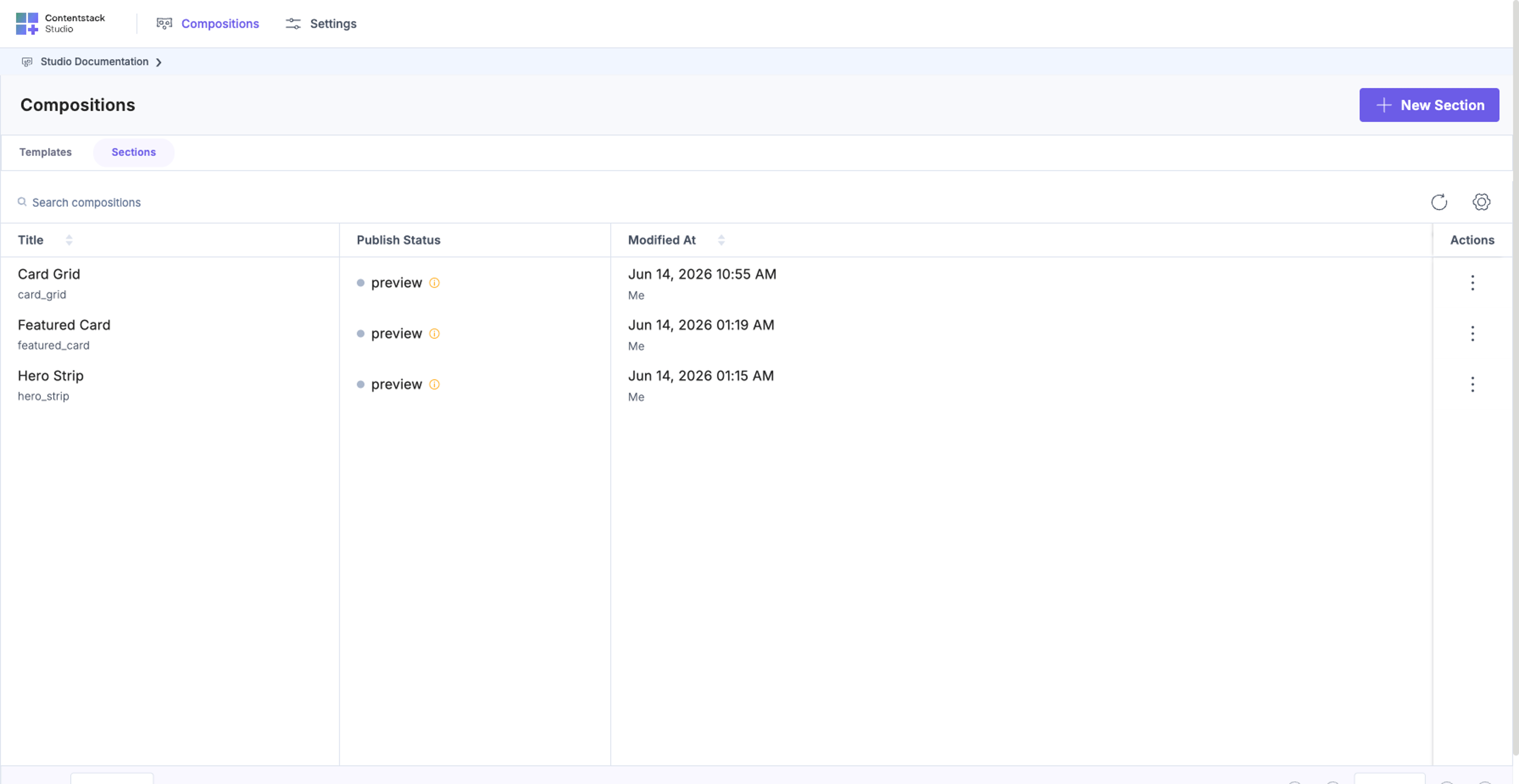 Studio Compositions page: Sections tab active in the top bar. The "+ New Section" button visible in the top right. Three existing sections listed in the table (Card Grid, Featured Card, Hero Strip).