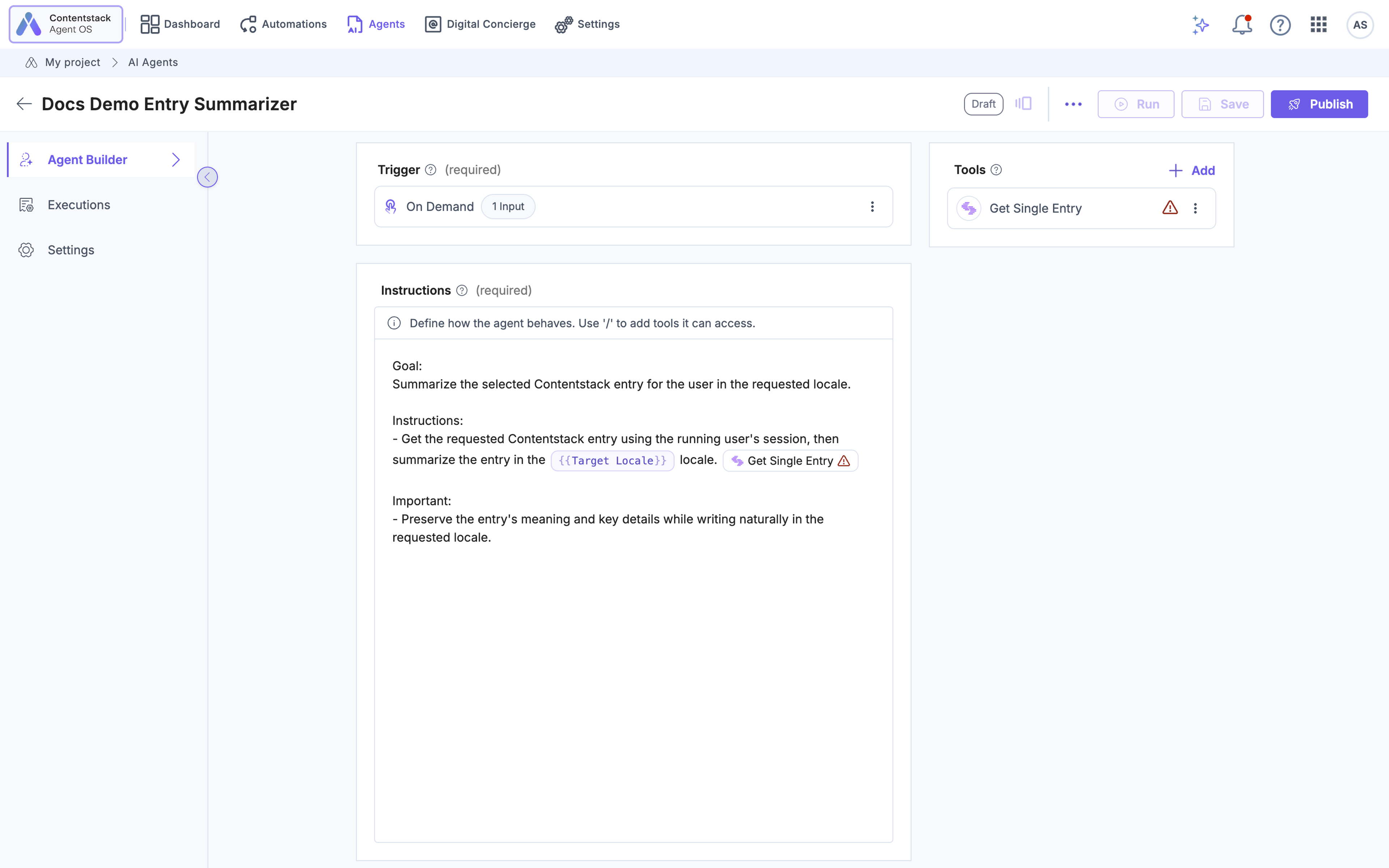 The Agent Builder showing the On Demand trigger, the instructions with the Target Locale input, and the Get Single Entry tool