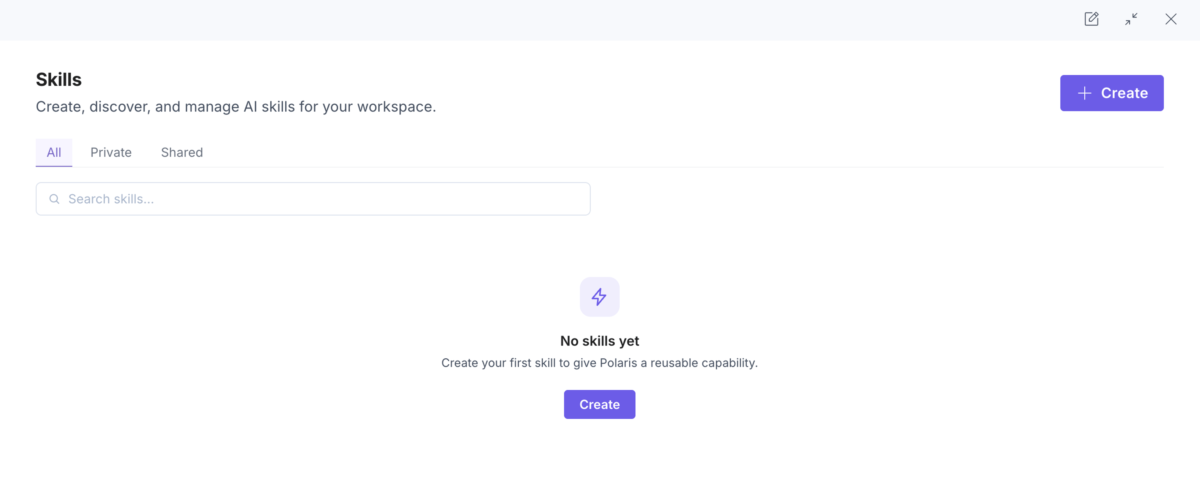 The Polaris Skills page showing the All, Private, and Shared tabs, search, and the Create button