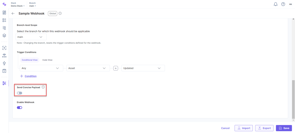 Send Concise Webhook Payload | Contentstack