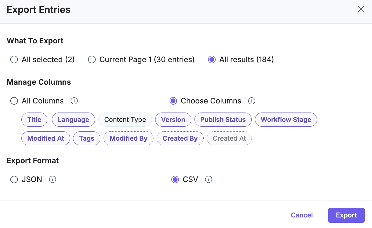 Export entries modal