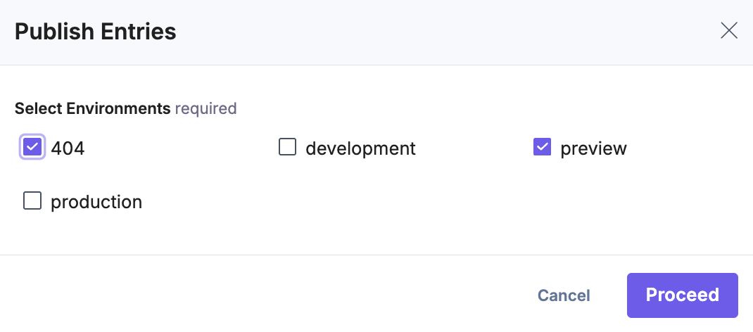 Screenshot showing the Publish Entries modal for environment selection in Visual Builder