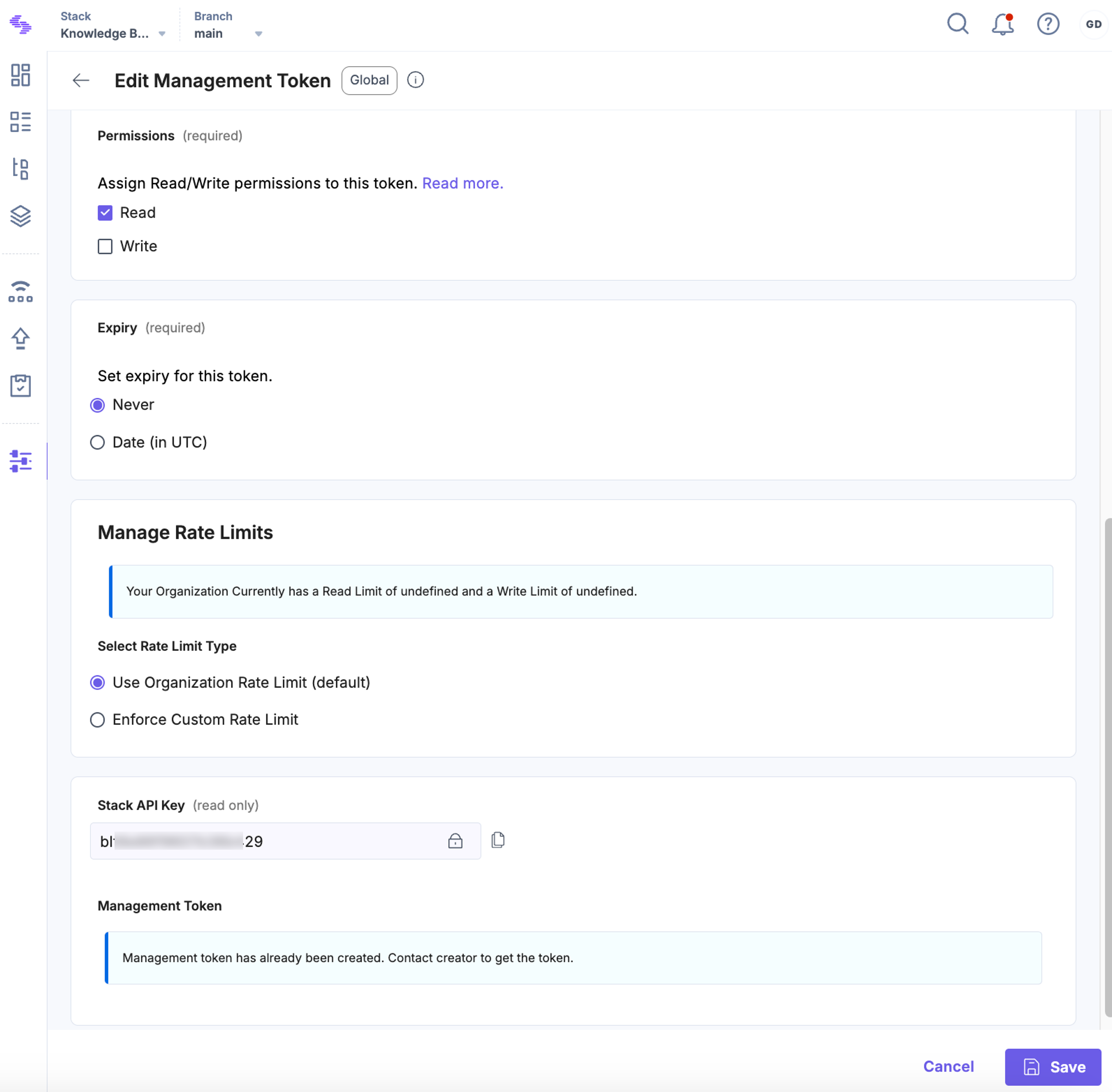 Edit management token screen