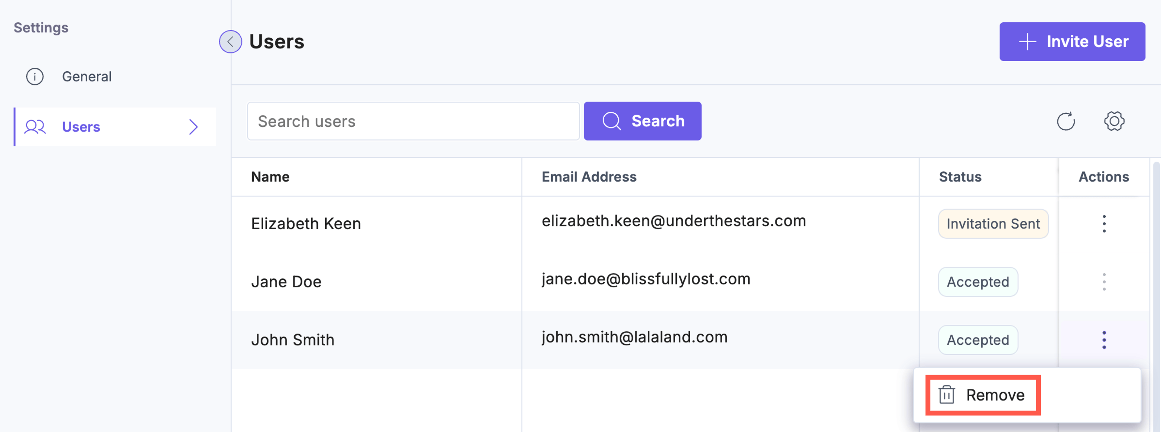 Remove option under user Actions menu