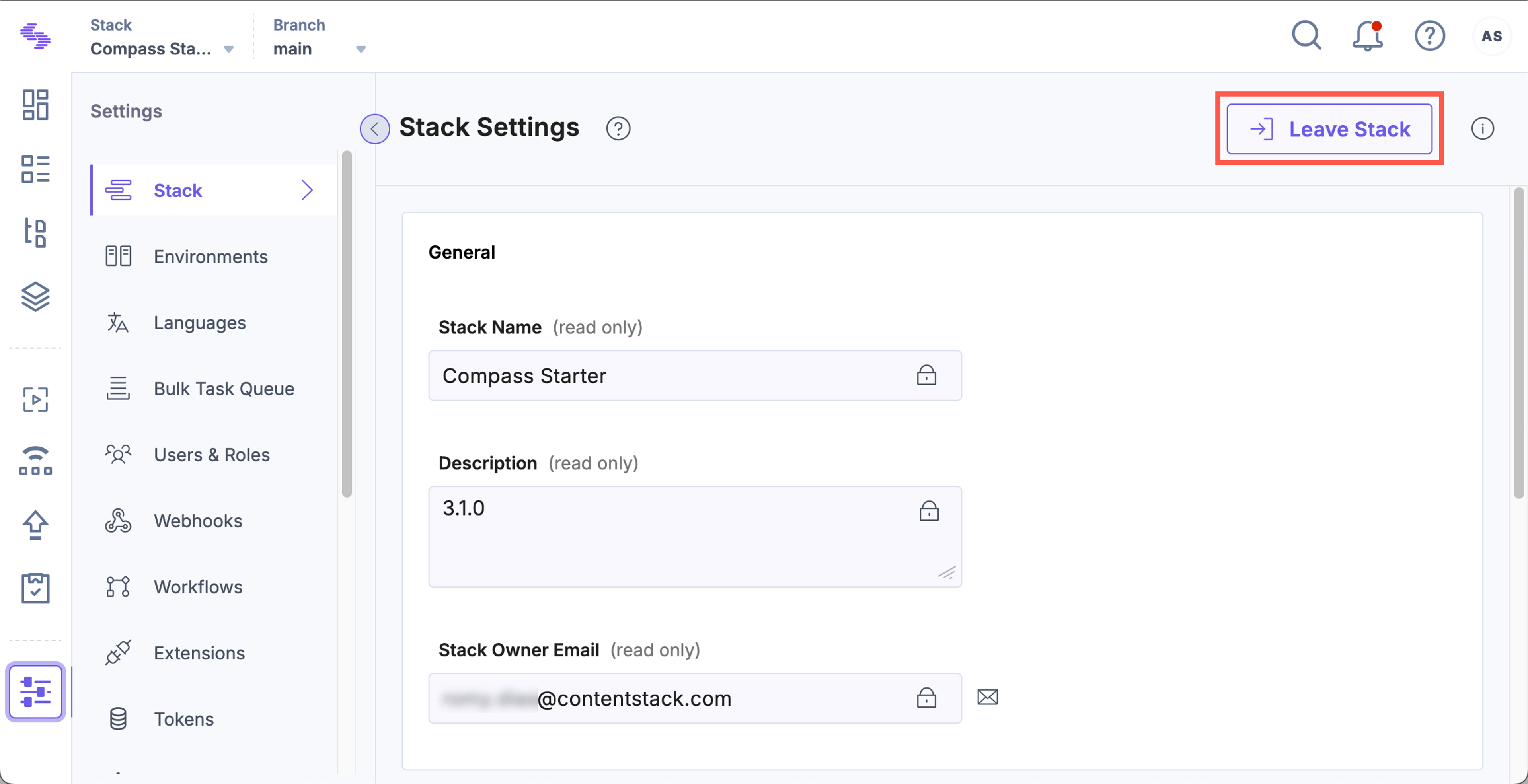 Leave Stack option in Contentstack settings
