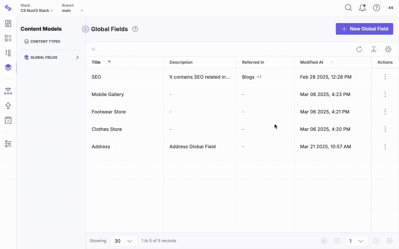 Copy Global Field modal in Contentstack
