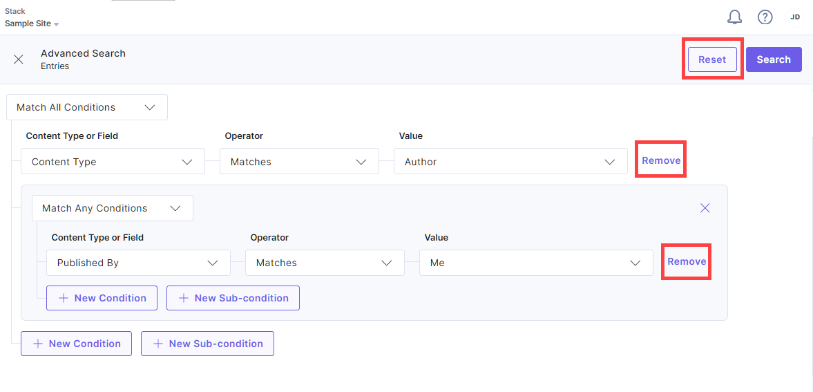 Click on Reset to reset your search query and click the Remove button across each query.png