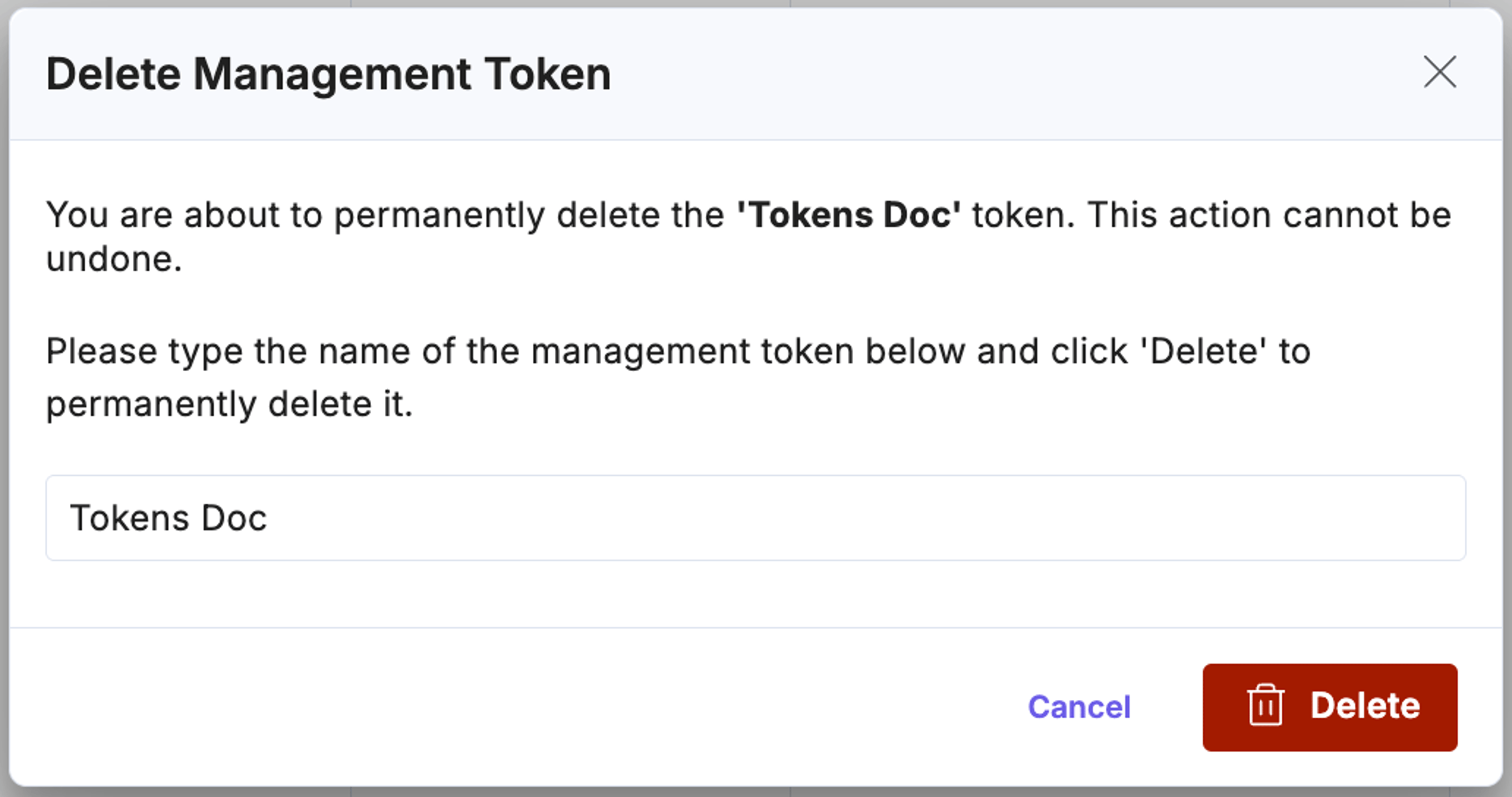 Confirmation modal to delete management token