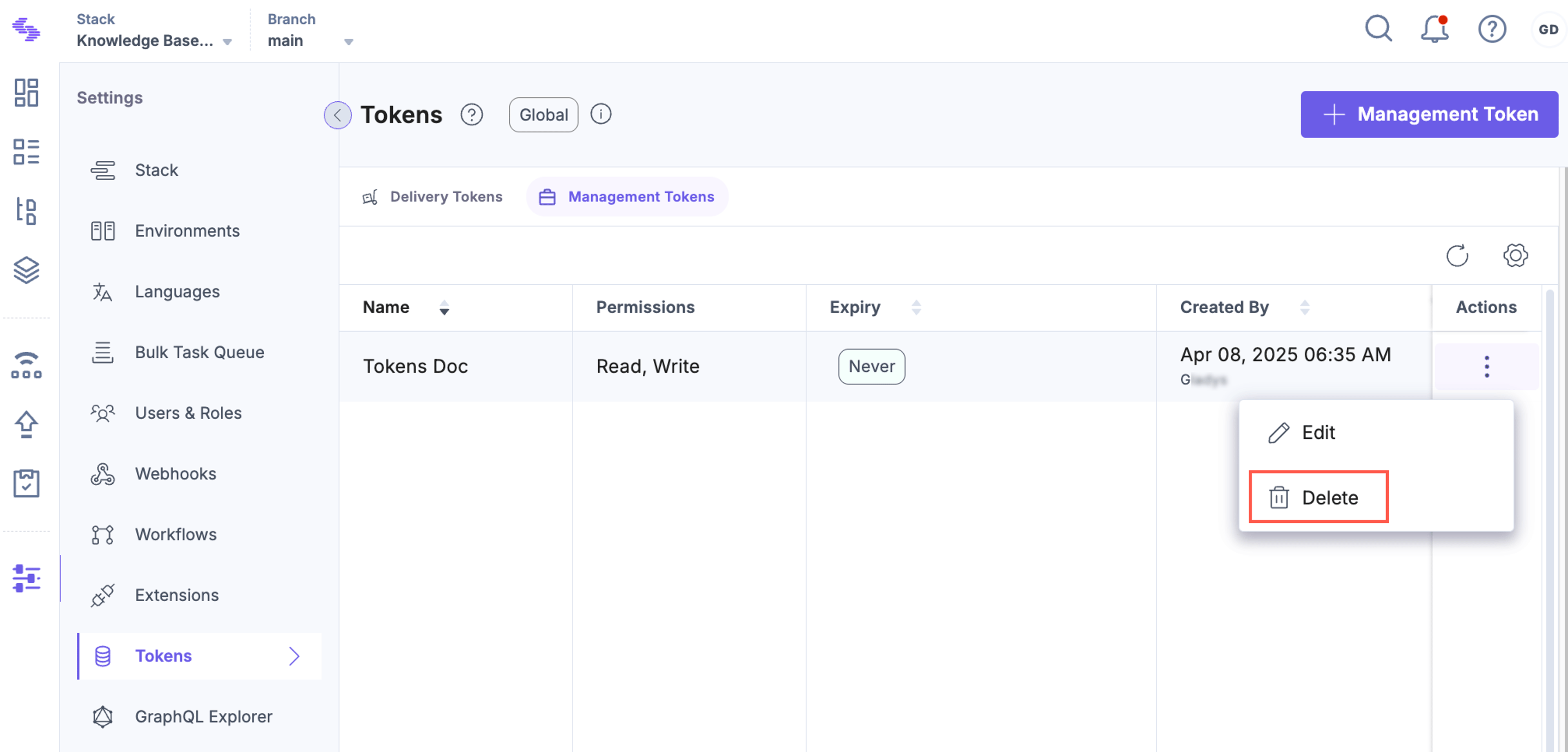 Delete option from management token list