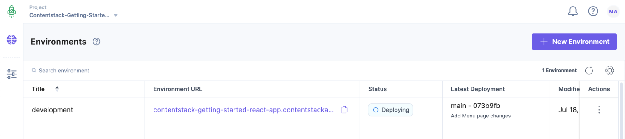 See status of deploying in default environment after code push.png