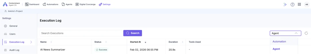 View Execution Log of Agent OS | Contentstack