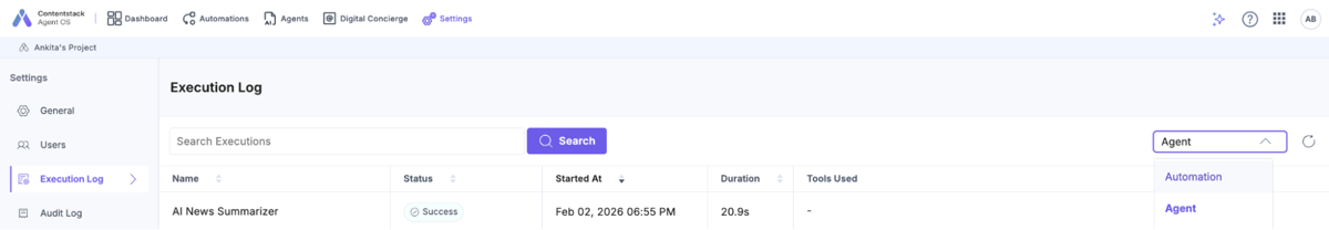 View Execution Log of Agent OS | Contentstack