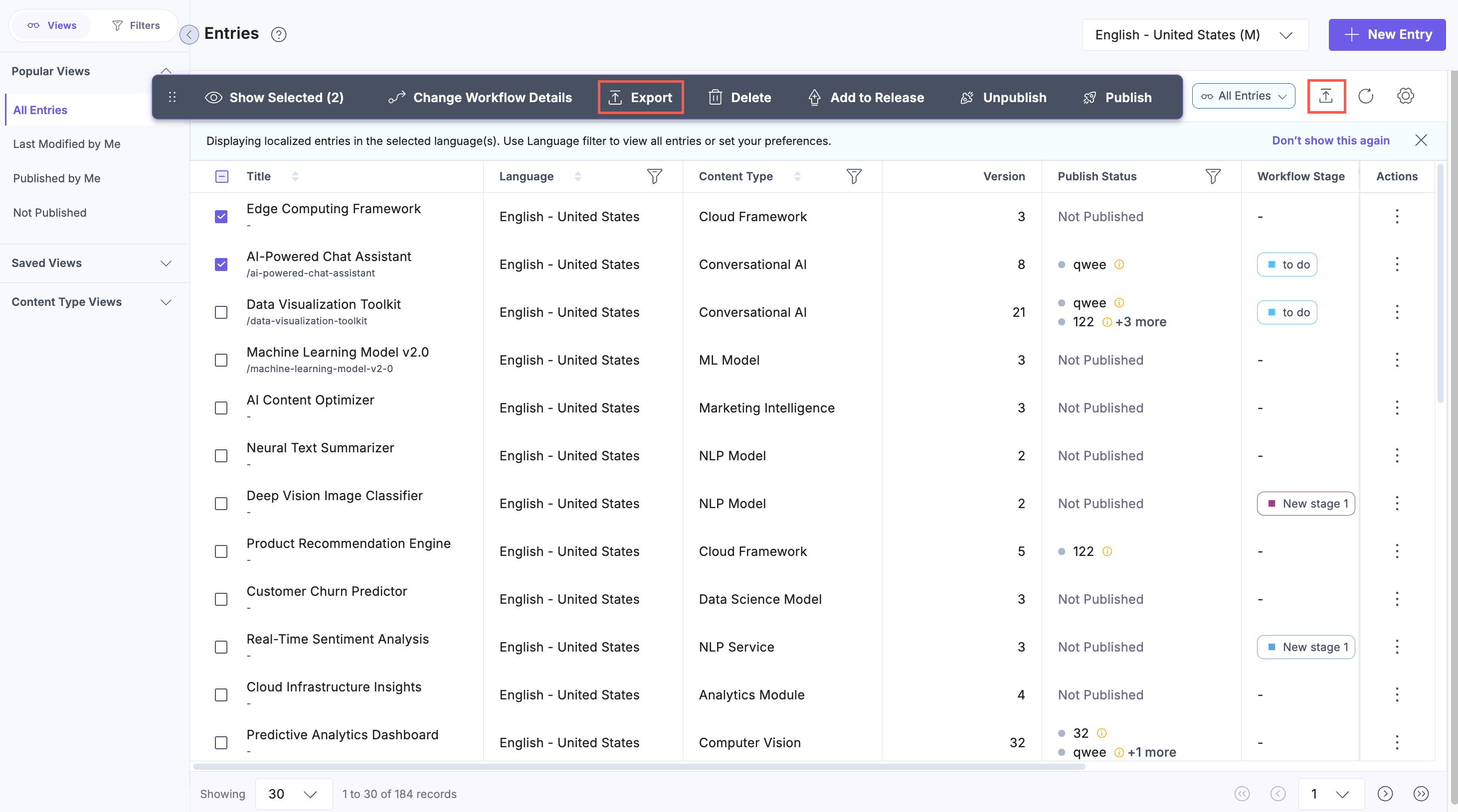 Export option in entries page