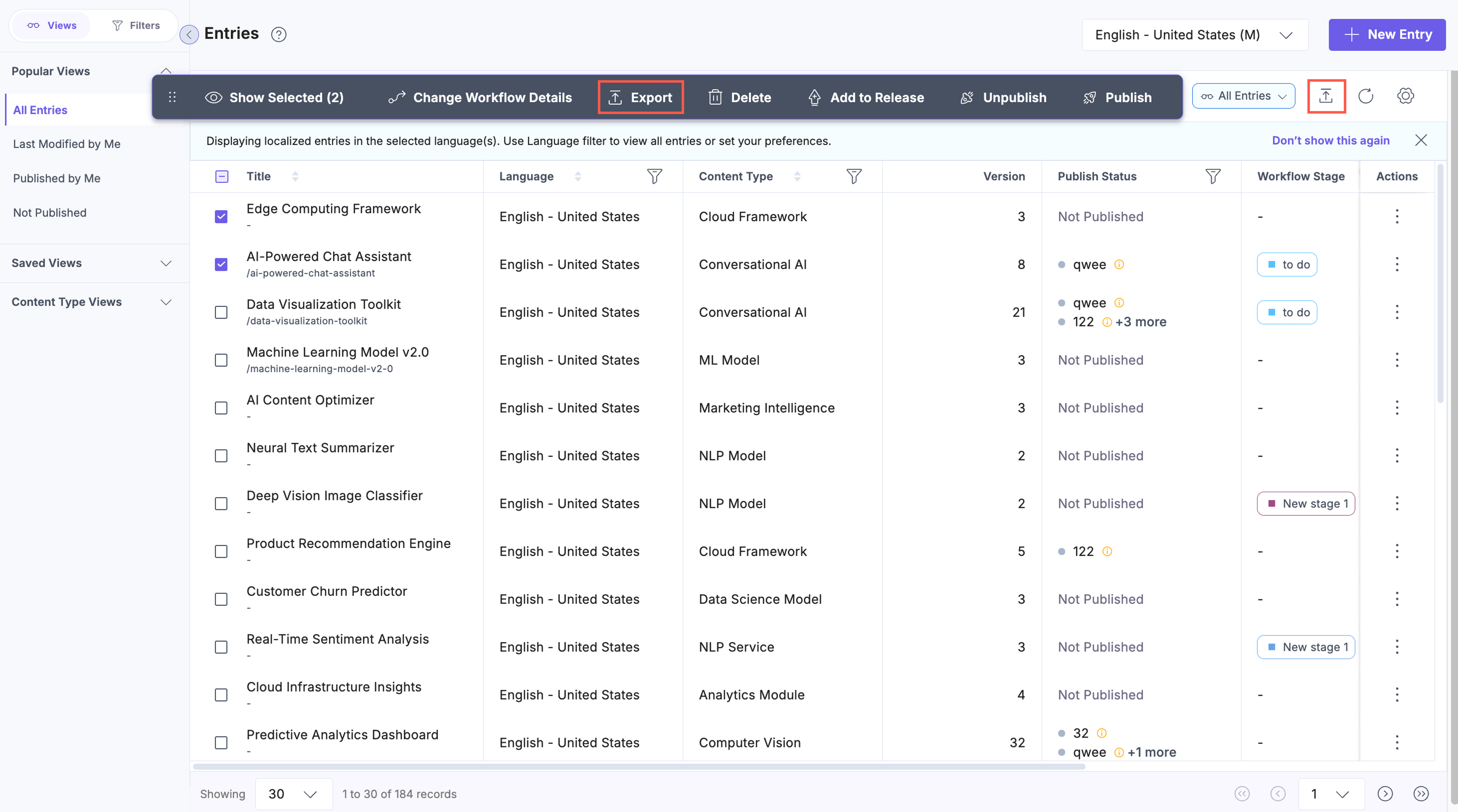 Export option in entries page