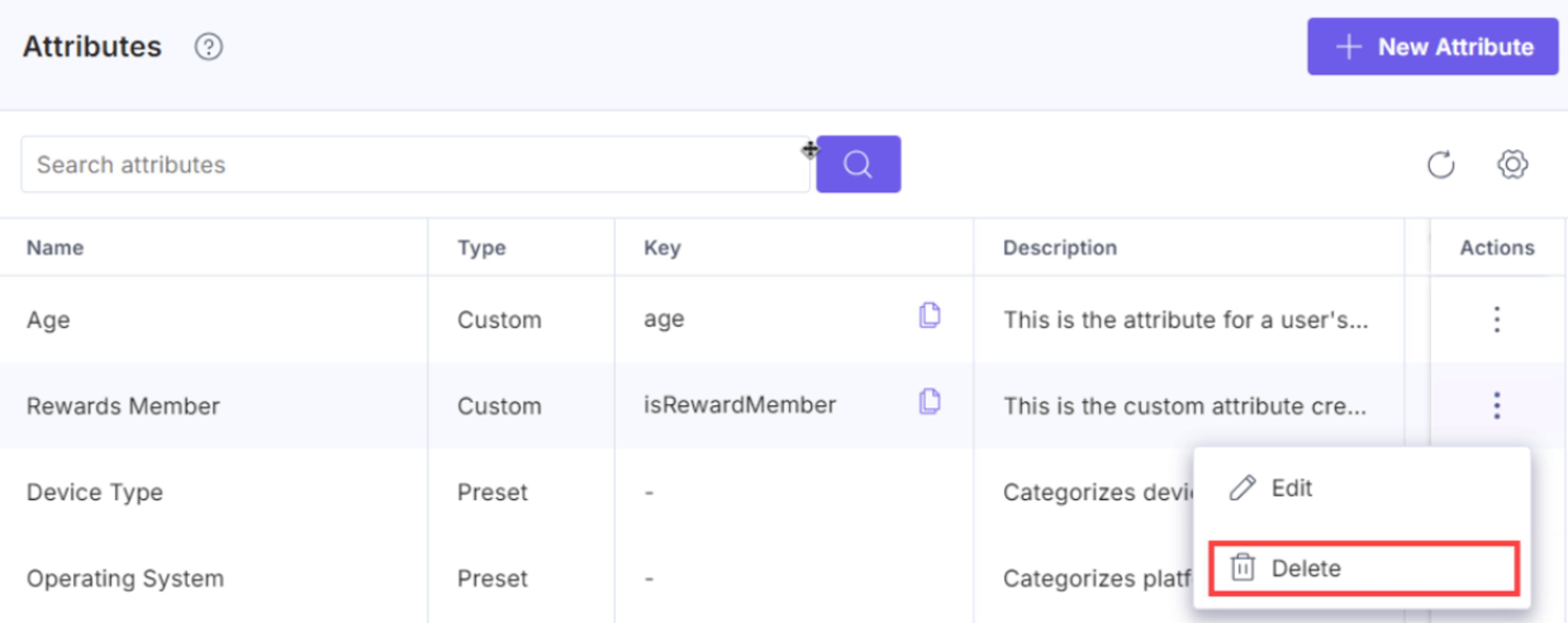 Delete option under the Actions column in the Attributes tab