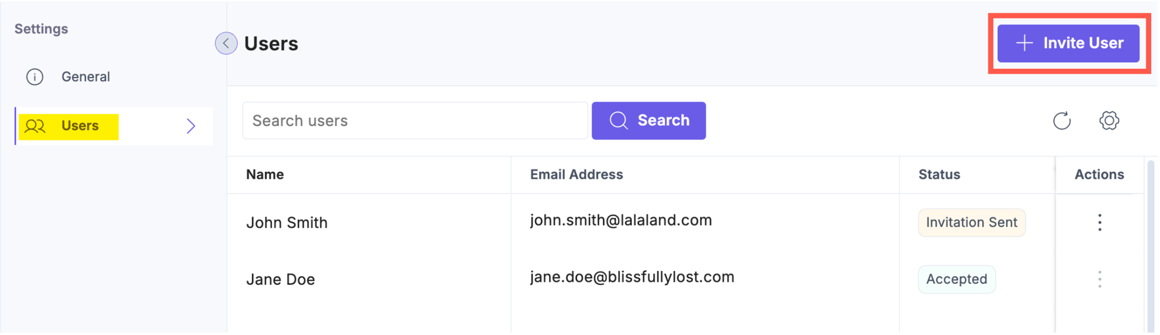 Invite User button in project Users section