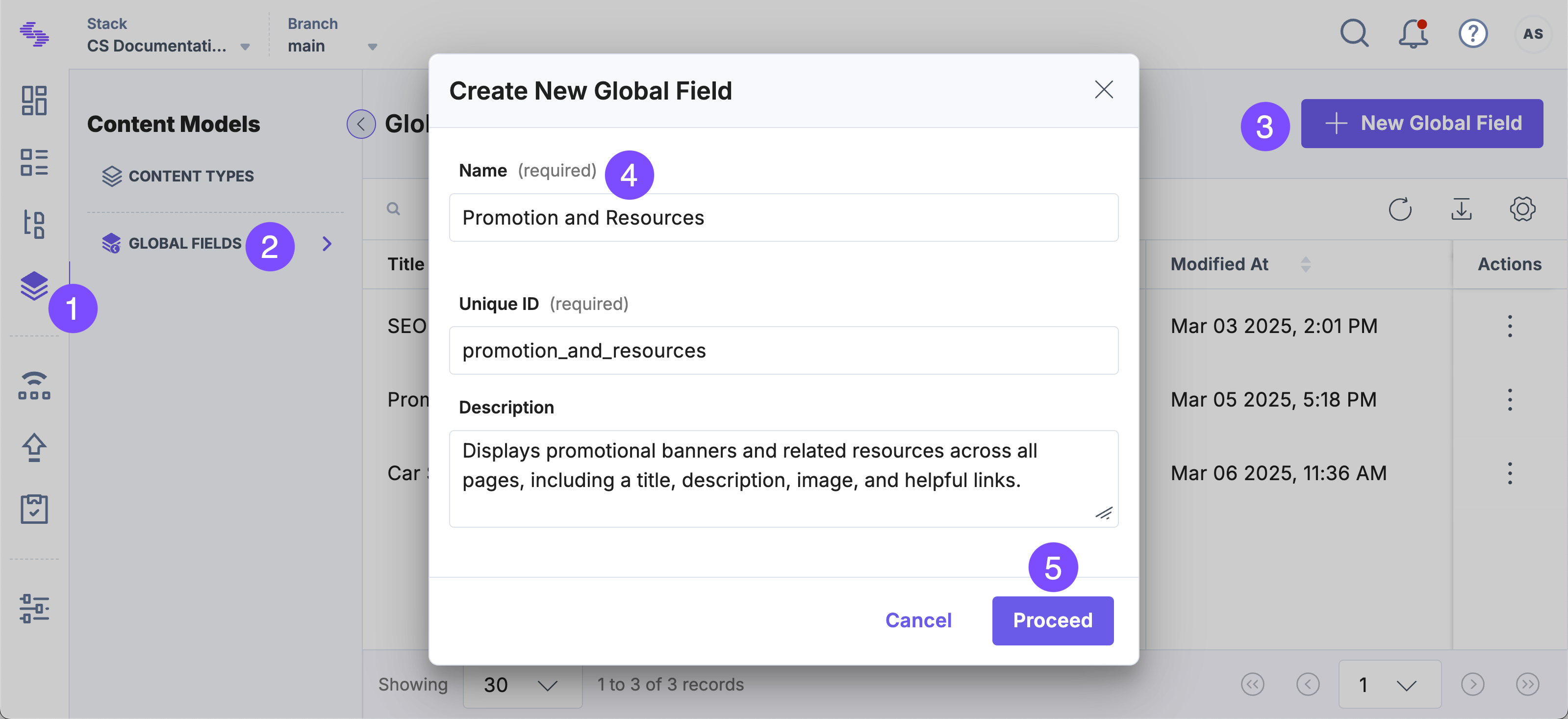 Global field setup modal in Contentstack